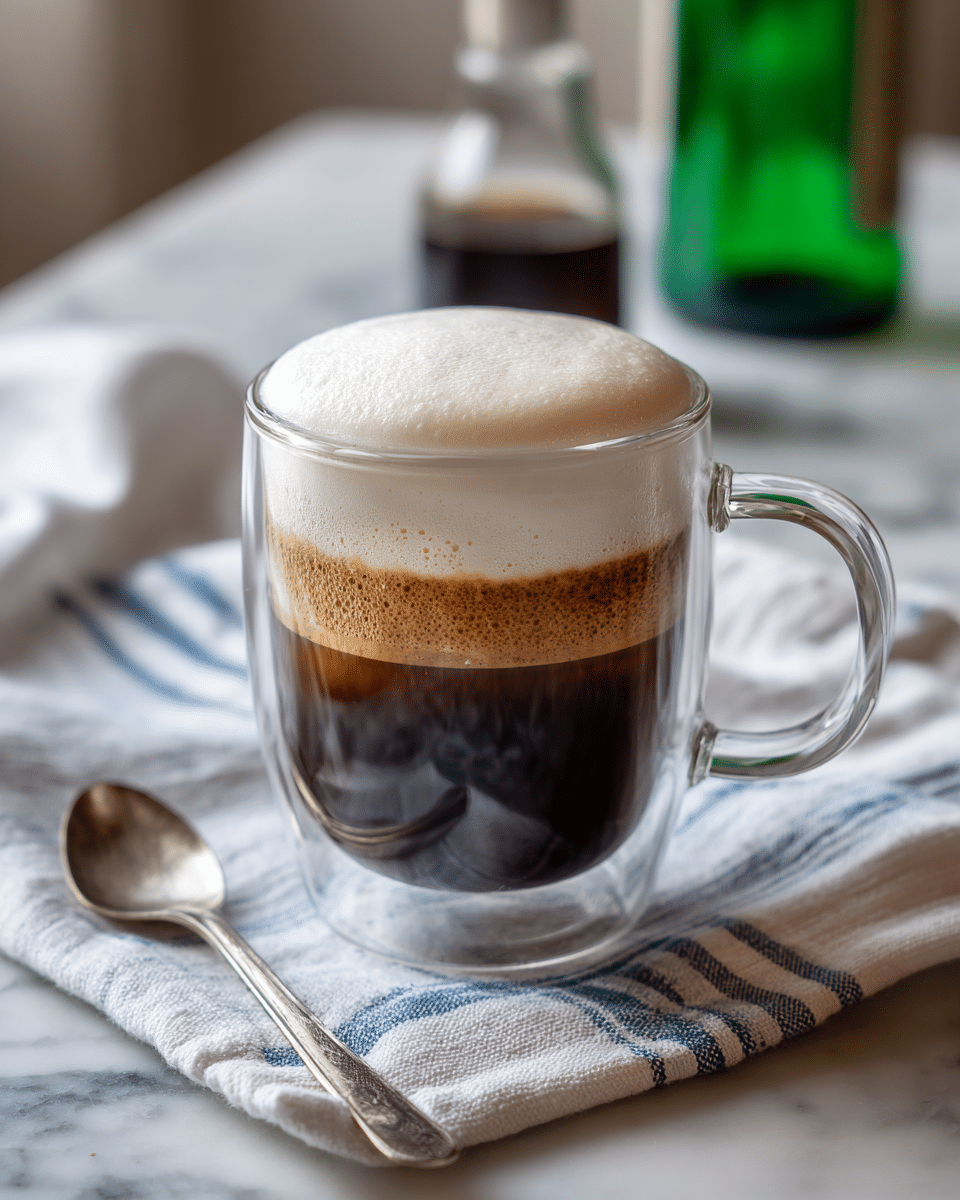 A clear glass cup filled with a dark brown coffee layer at the bottom and a thick, foamy white cream layer on top, creating two distinct layers; the cup has a clear handle on the right side. The cup is placed on a white cloth with blue stripes that rests on a white marbled surface. To the left of the cup, there is a silver spoon lying on the cloth. In the slightly blurred background, there is a green whiskey bottle and another glass container with dark liquid. The overall scene gives a cozy, warm feel. photo taken with an iphone --ar 4:5 --v 7
