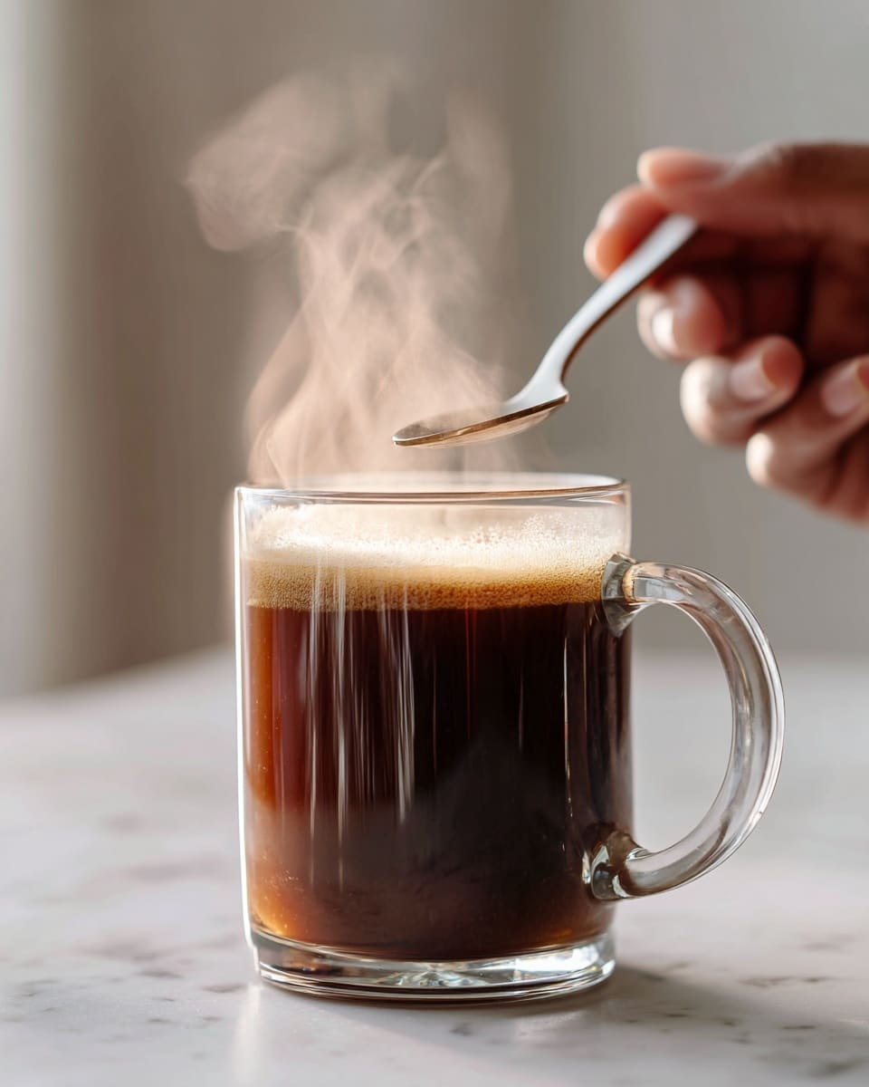 A clear glass mug filled almost to the top with dark brown coffee sits on a white marbled surface. Steam is rising from the hot coffee, giving a soft blur effect above the liquid. A woman's hand is holding a small white spoon stirring the coffee gently. The background is softly blurred with pale colors, focusing attention on the glass mug and the stirring action. photo taken with an iphone --ar 4:5 --v 7