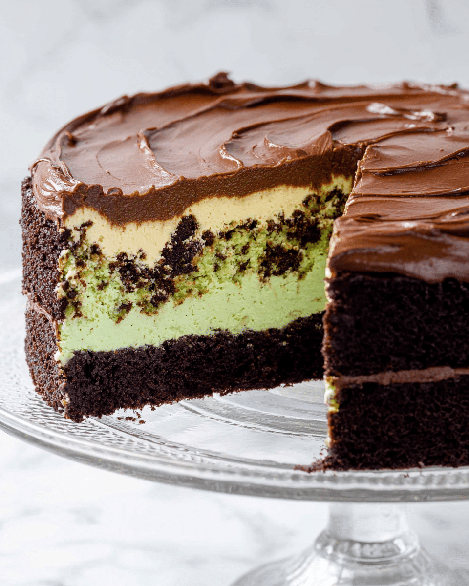 A cake is shown with one slice cut out, revealing three layers: the bottom layer is a dark, dense chocolate base; above it is a thick, pale green layer mixed with small bits of darker crumbs, giving a speckled look; the top layer is a smooth, thick, rich chocolate frosting swirled with texture and glossy shine. The cake sits on a clear glass stand, placed on a white marbled surface. photo taken with an iphone --ar 4:5 --v 7