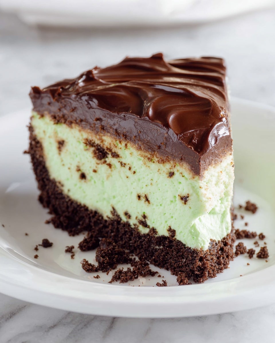 A slice of three-layered dessert sits on a white plate with crumbs around it. The bottom layer is crumbly and dark brown, like crushed chocolate cookies, providing a rough texture. The middle layer is thick, creamy, and light green with small darker spots, having a smooth but slightly fluffy texture. The top layer is a thick, shiny dark brown chocolate glaze with soft, wave-like swirls on the surface. The plate rests on a white marbled texture surface. photo taken with an iphone --ar 4:5 --v 7