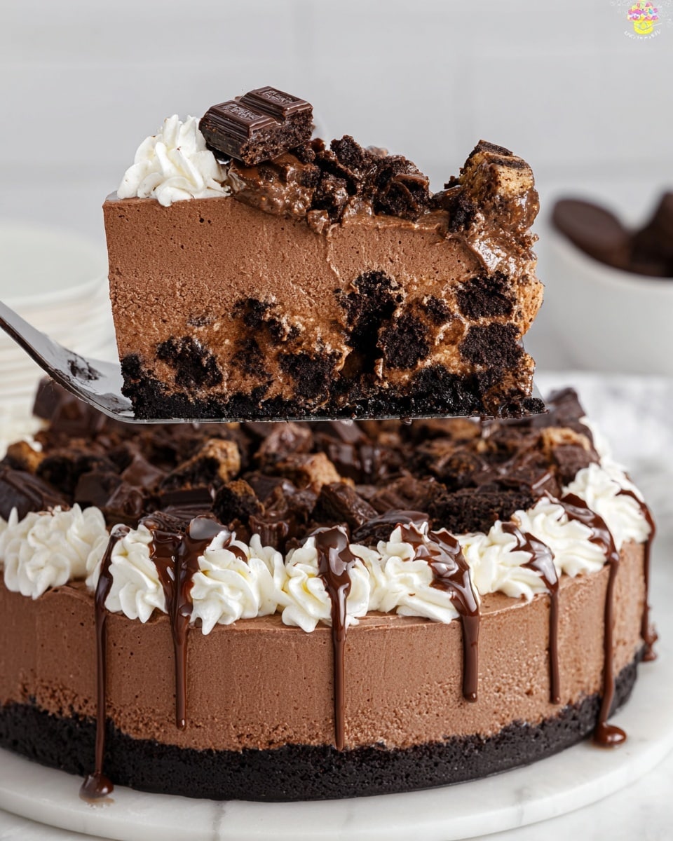 A slice of rich chocolate mousse cake with three layers: the bottom is a smooth, dense dark chocolate base, the middle layer is a gooey mix of crushed cookies and chocolate chunks with a moist texture, and the top is a thick fluffy chocolate mousse decorated with dark chocolate chunks and small squares of moist brownie cubes. The top edge has a white whipped cream border swirled around. The whole cake is drizzled with thin lines of dark chocolate sauce. The slice is being lifted above the rest of the cake on a white marbled surface. Photo taken with an iphone --ar 4:5 --v 7