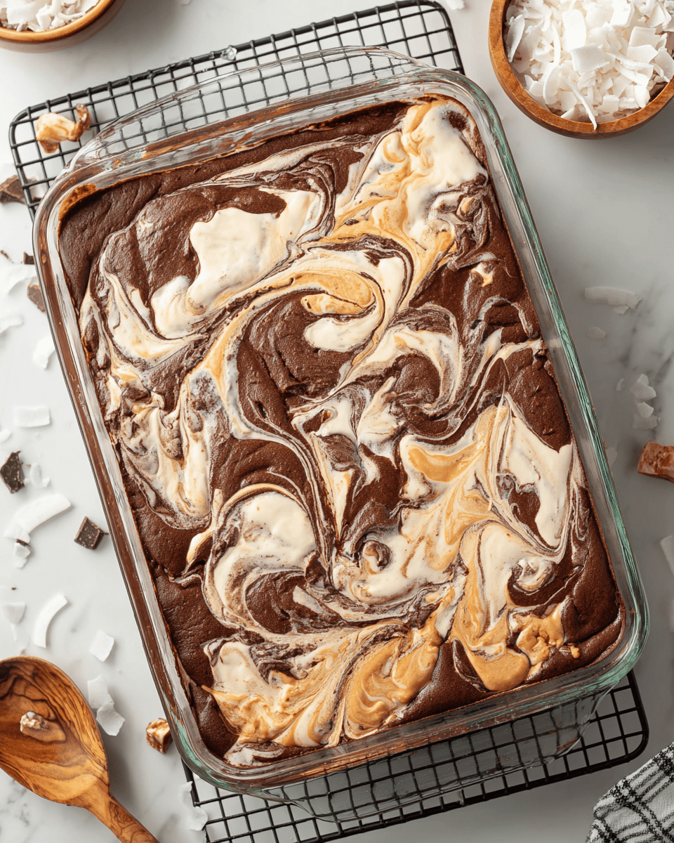 A glass baking dish filled with a two-layer dessert: the bottom layer is dark brown, smooth and chocolatey, while the top layer swirls creamy light tan and white textures across the surface in a marble pattern. The swirls have a slightly puffy, baked appearance, showing contrast between the dense chocolate and soft cream parts. The dish rests on a cooling rack above a white marbled surface, with a small wooden bowl filled with white shredded coconut and some scattered coconut pieces nearby. The edges of the dessert show some uneven, textured areas where the creamy layer rises in curls. Photo taken with an iphone --ar 4:5 --v 7