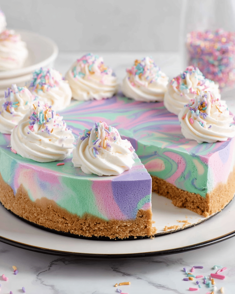 The image shows a round, layered cheesecake with a thick, crumbly light brown crust at the bottom. The cheesecake itself has a colorful swirl pattern in layers of pastel purple, green, and pink, creating a smooth, creamy texture. On top, there are eight fluffy white whipped cream rosettes spaced evenly around the edge, each decorated with small, colorful sprinkles in pink, blue, purple, and gold. The cheesecake is placed on a white plate with a thin black rim, sitting on a white marbled surface with scattered sprinkles nearby. Photo taken with an iphone --ar 4:5 --v 7