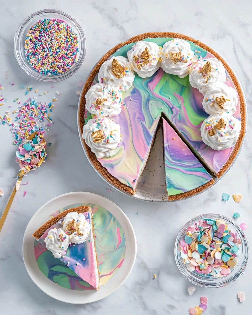 A round pie with a brown crust base, topped with a thick, swirled layer of pastel colors including green, pink, purple, and blue, creating a smooth marbled effect. On top, there are large, evenly spaced dollops of white whipped cream, each decorated with small, colorful sprinkles and tiny golden unicorn-shaped sprinkles. One slice is cut and placed on a white plate with the same colorful swirl design visible on the pie layer. Nearby, a small glass bowl is filled with more colorful and unicorn-shaped sprinkles, all set on a white marbled surface. Photo taken with an iphone --ar 4:5 --v 7