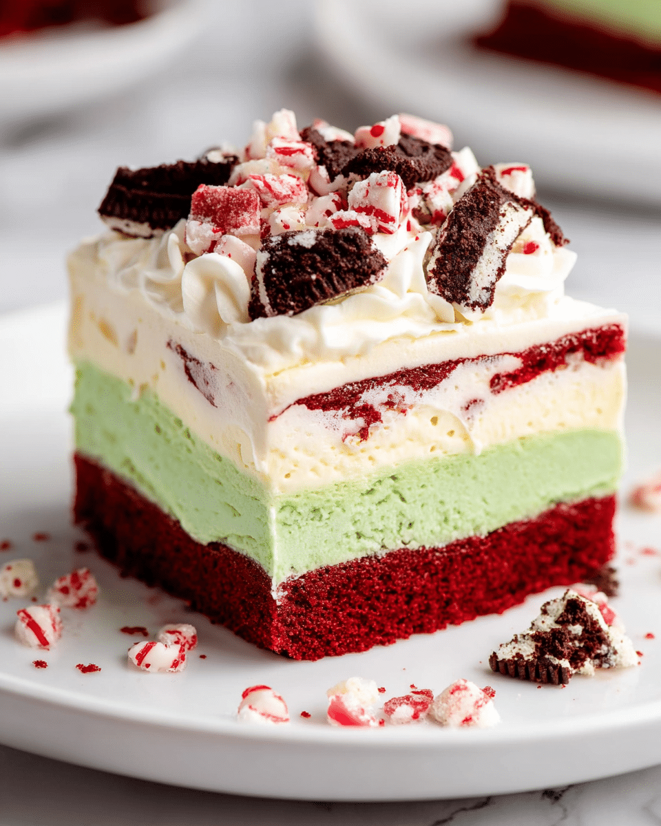 This image shows a square-shaped dessert with four distinct layers on a white plate, set upon a white marbled surface. The bottom layer is a thick, rich red cake with a soft and moist texture. Above that is a thin, creamy white layer, followed by a bright green, smooth and slightly thick layer that looks creamy. The top layer is a fluffy, white whipped cream with pieces of crushed red and white candy, along with chunks of chocolate cookies scattered on top. Small bits of the red and white candy are sprinkled around the plate. Photo taken with an iphone --ar 4:5 --v 7