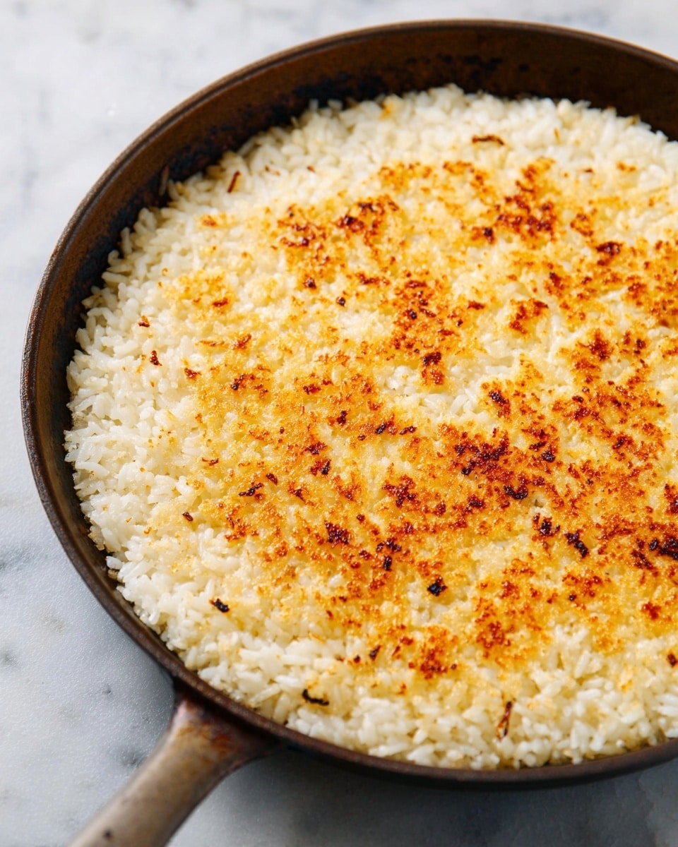 A round pan filled with one large layer of cooked white rice, evenly spread out and pressed flat, showing a golden brown crust with some darker burnt spots on top, indicating it has been toasted or fried. The rice grains are tightly packed together, and the pan itself has a dark, slightly worn surface with a handle that shows some rust stains. The pan rests on a white marbled textured surface. photo taken with an iphone --ar 4:5 --v 7