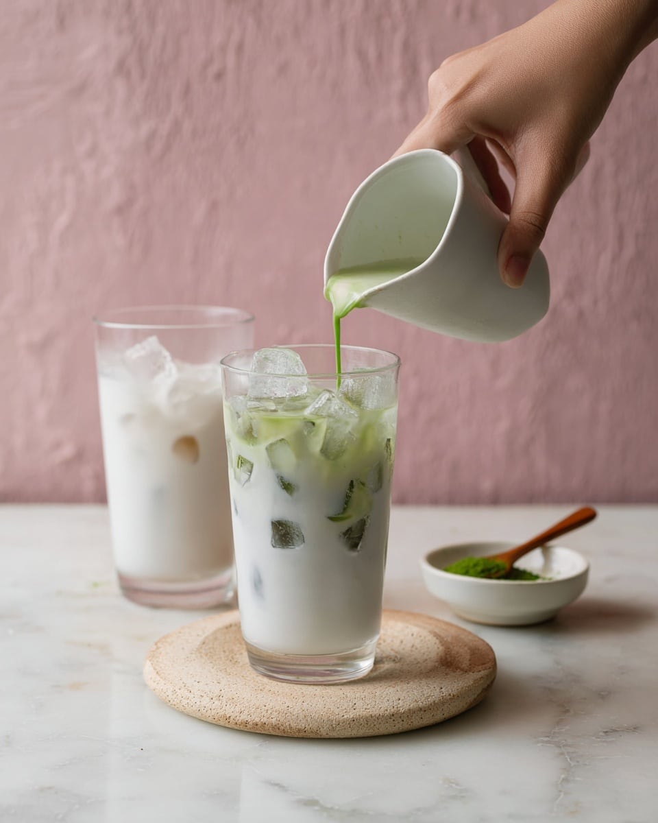 A transparent glass filled with white iced milk at the bottom, containing clear ice cubes, sits on a round beige stone board on a white marbled surface. A woman's hand holds a small white pitcher pouring a thin stream of bright green liquid over the ice in the glass, creating a soft mix of colors with the white milk. In the background, there is another glass filled with white iced milk and ice cubes, and a small white bowl containing green powder with a small wooden spoon. The overall scene has a soft pink textured wall behind it. photo taken with an iphone --ar 4:5 --v 7