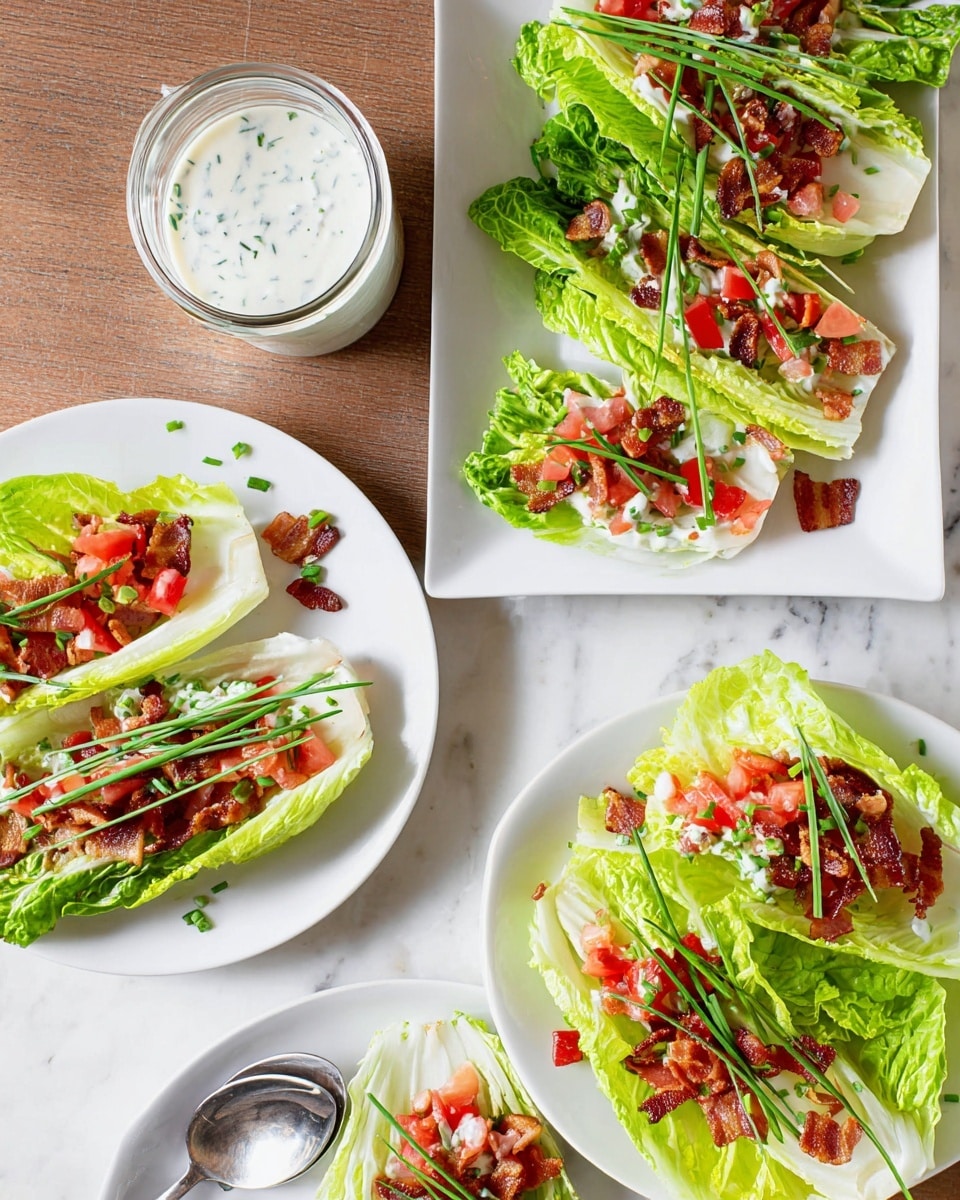 The image shows a salad with four main layers: the base is fresh green romaine lettuce leaves cut in halves, topped with small chopped red tomato pieces, followed by crispy brown bacon bits, and finished with thin green chive sticks sprinkled on top. The salad is served on two round white plates, each containing one or two lettuce halves, and a rectangular white plate holding four lettuce halves arranged close to each other. To the side is a small glass jar filled with creamy white dressing sprinkled with chopped chives, placed on a square white plate with a silver spoon resting beside it. The entire setting is arranged on a white marbled textured surface. Photo taken with an iphone --ar 4:5 --v 7