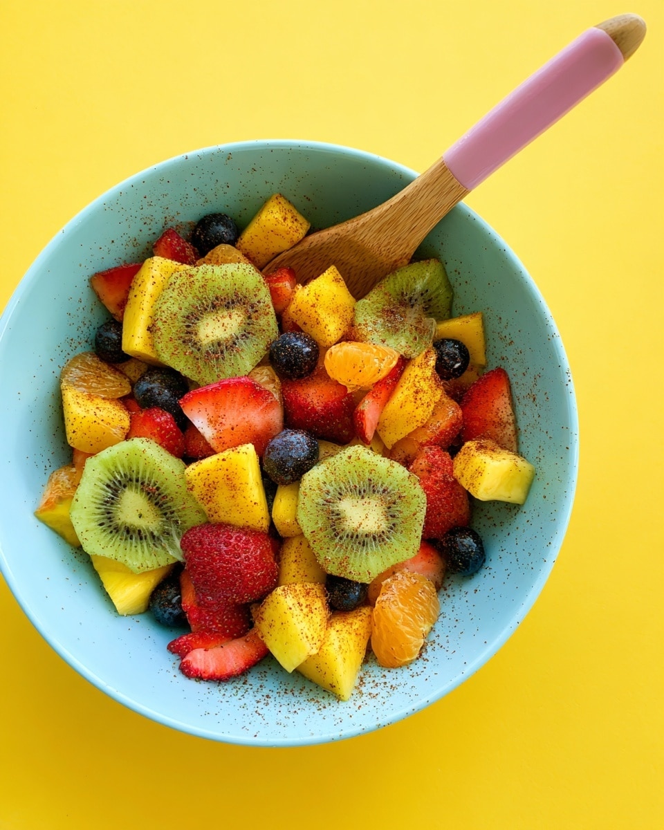 A light blue round bowl holds a colorful fruit salad with three visible layers of fresh fruit pieces, including large bright green kiwi slices with detailed seeds in the middle, red strawberry halves, yellow mango cubes, orange segments, and small dark blueberries scattered throughout. The fruit is sprinkled with a fine reddish-brown powder, creating small speckles on top. A wooden spoon with a pink handle rests inside the bowl on top of the fruit. The bowl is placed on a bright yellow surface. photo taken with an iphone --ar 4:5 --v 7