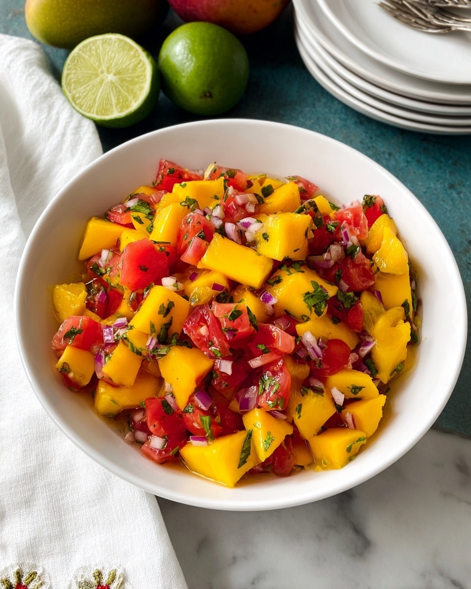 A white bowl holds a colorful mango and tomato salad with two main layers: bright yellow mango chunks and red tomato pieces mixed evenly together. The salad is sprinkled with small bits of finely chopped red onion and fresh green herbs, likely cilantro, giving it a speckled and fresh look. The fruit and vegetable pieces are juicy and shiny, sitting in a small amount of light juice at the bowl’s base. Surrounding the bowl are some halves of a green lime, a whole mango, a white cloth with embroidery in the bottom left corner, and a stack of white plates with forks on the top right, all set on a white marbled surface. photo taken with an iphone --ar 4:5 --v 7