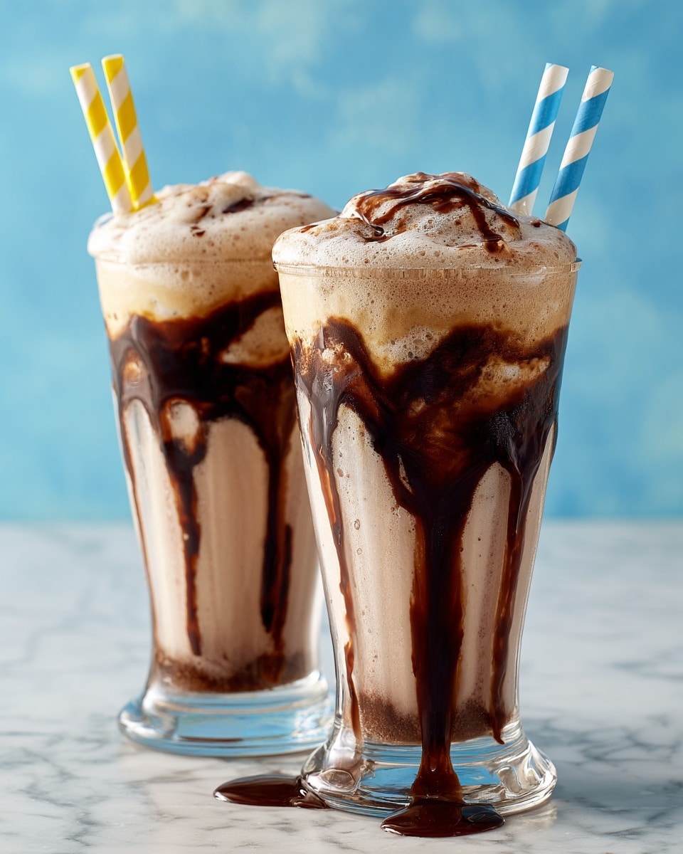 The image shows two tall clear glasses filled with a chocolate milkshake that has a layered look. Inside the glass, there are dark brown chocolate syrup streaks swirling through the creamy light brown milkshake. The milkshake is topped with a thick, light brown frothy foam that spills over the sides, dripping down the glass and pooling on a white marbled surface. One glass has a yellow and white striped straw, and the other has a blue and white striped straw. The background is a simple blue color. Photo taken with an iphone --ar 4:5 --v 7