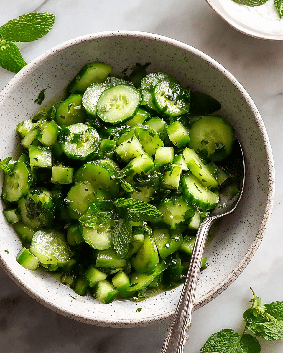 A light speckled ceramic bowl holds a fresh cucumber salad made up of two layers: the base layer is small green cucumber cubes, and on top are thin, round cucumber slices mixed with green herbs like parsley and mint, all coated in a light dressing that gives a shiny texture. A silver spoon rests inside the bowl on the right side. The bowl is placed on a white marbled surface, with a few loose mint leaves nearby and a glimpse of another white bowl in the top right corner. photo taken with an iphone --ar 4:5 --v 7
