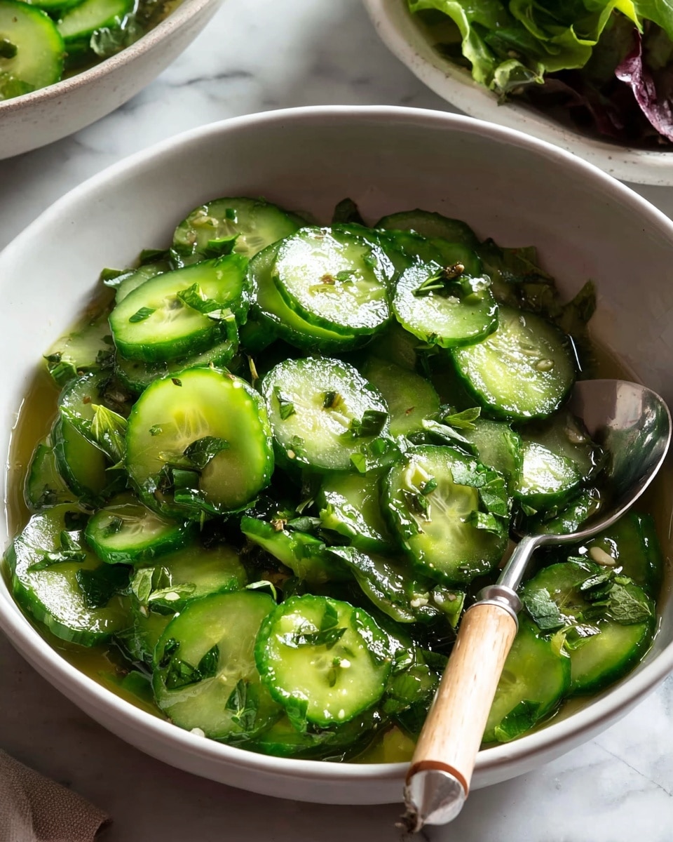A white bowl is filled with a fresh cucumber salad, showing one visible layer of thinly sliced cucumber rounds in various shades of green, some bright and some darker. The cucumber slices are mixed with small green herb pieces, likely parsley or cilantro, scattered evenly throughout. The salad looks slightly wet, with a shiny, light dressing coating the cucumber and herbs. A silver spoon with a light wooden handle is placed inside the bowl, resting on the right side. The bowl sits on a white marbled surface, and part of another bowl with leafy greens is seen blurred in the background. photo taken with an iphone --ar 4:5 --v 7