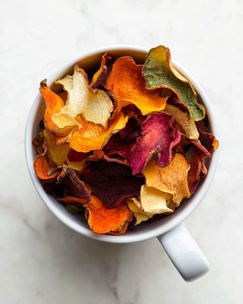 A pile of vegetable chips spread out on a white marbled surface, showing several layers of thin, curled slices with different colors and textures; the front layer has light golden-brown chips with rough edges, behind them are darker golden chips with a slightly wrinkled look, mixed with red-purple crisp chips that have a more jagged form, and scattered greenish slices with smooth edges; the chips appear crispy and varied in size and shape, with some slightly overlapping others, creating a colorful and crunchy mix. photo taken with an iphone --ar 4:5 --v 7