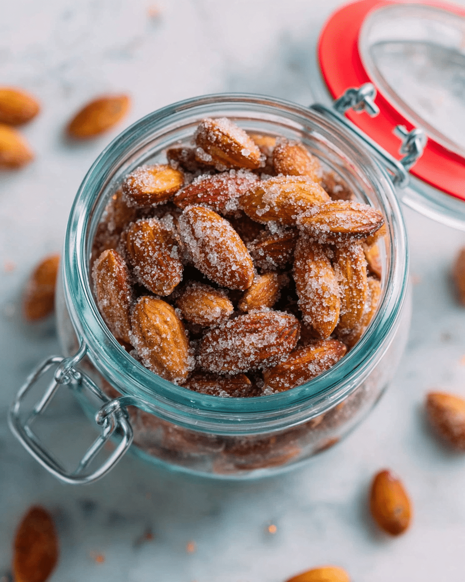 A white bowl with a scalloped gold rim is filled to the top with roasted almonds coated in granulated sugar, giving them a rough texture with shiny and dry patches. The almonds are golden brown and slightly wrinkled, and some sugar crystals cling to their surfaces in white clusters. Around the bowl, a few almonds are scattered on a white marbled surface, adding contrast to the image's soft light and neutral background. Photo taken with an iphone --ar 4:5 --v 7