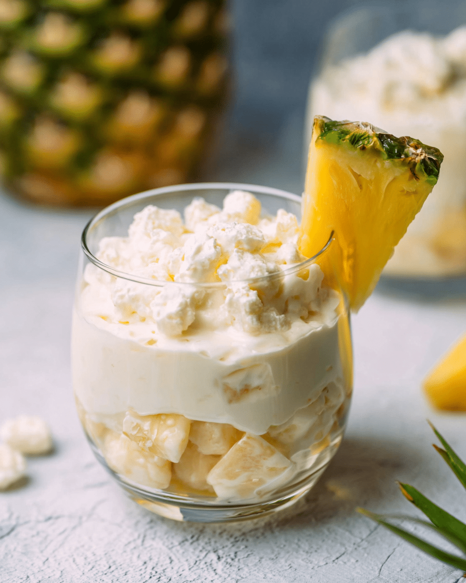 A clear glass holds a creamy dessert with three visible layers: a bottom and middle layer of soft, light yellow chunks mixed in a thick white creamy base, topped with a fluffy white layer with small light beige pieces. A fresh green and yellow pineapple wedge is placed on the rim of the glass. In the background, part of another similar glass and some small white objects are visible on a white marbled textured surface. photo taken with an iphone --ar 4:5 --v 7