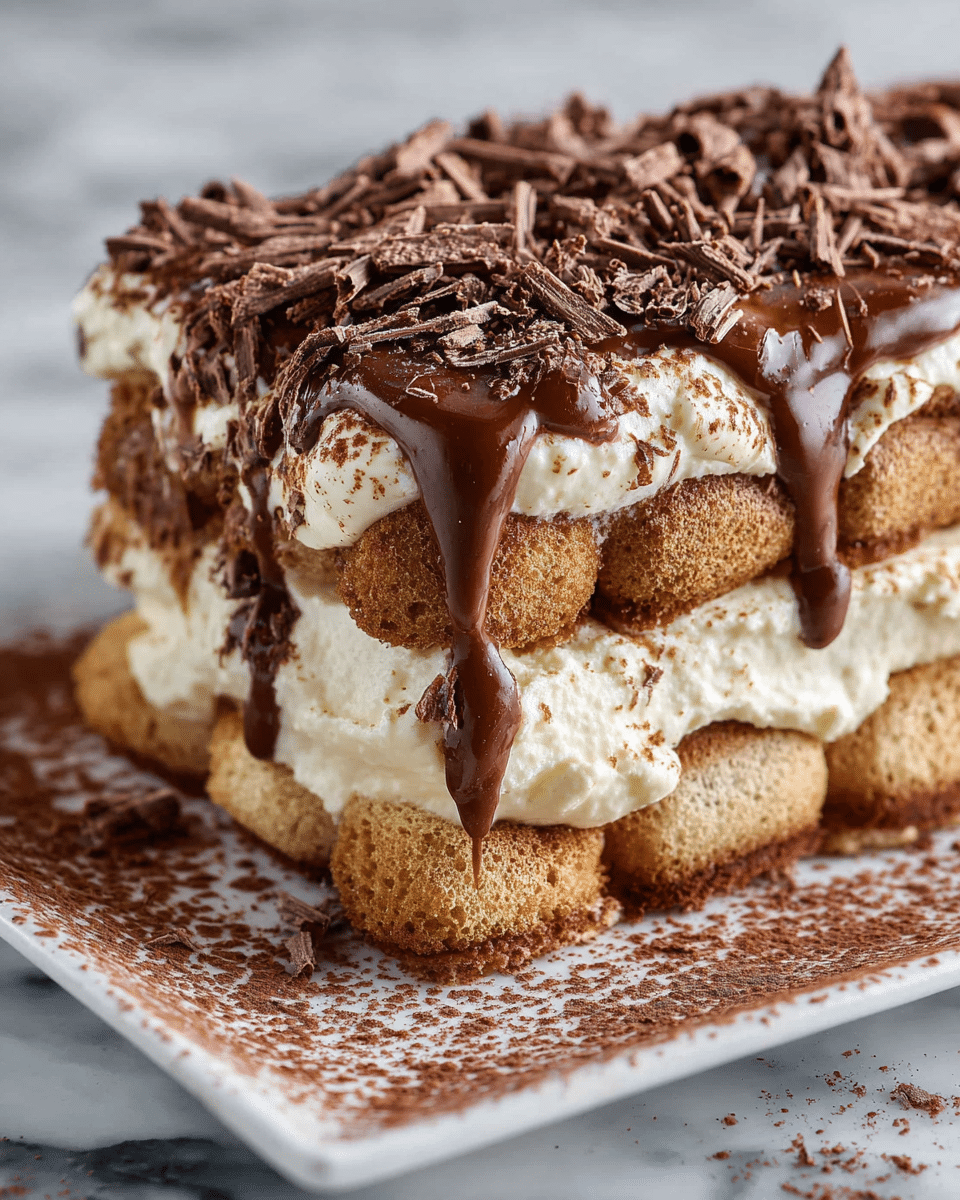 This image shows a close-up of a layered tiramisu dessert on a white rectangular plate, set on a white marbled surface. The dessert has three main layers: the bottom layer is light brown ladyfinger biscuits, followed by a thick creamy white layer of mascarpone cheese, then another layer of soaked ladyfingers with a dark chocolate sauce dripping down the sides, topped with a thick layer of white mascarpone cream dusted with cocoa powder and sprinkled with dark chocolate shavings. The textures range from smooth cream to soft soaked biscuits, with rich chocolate details on top and around the plate. Photo taken with an iphone --ar 4:5 --v 7