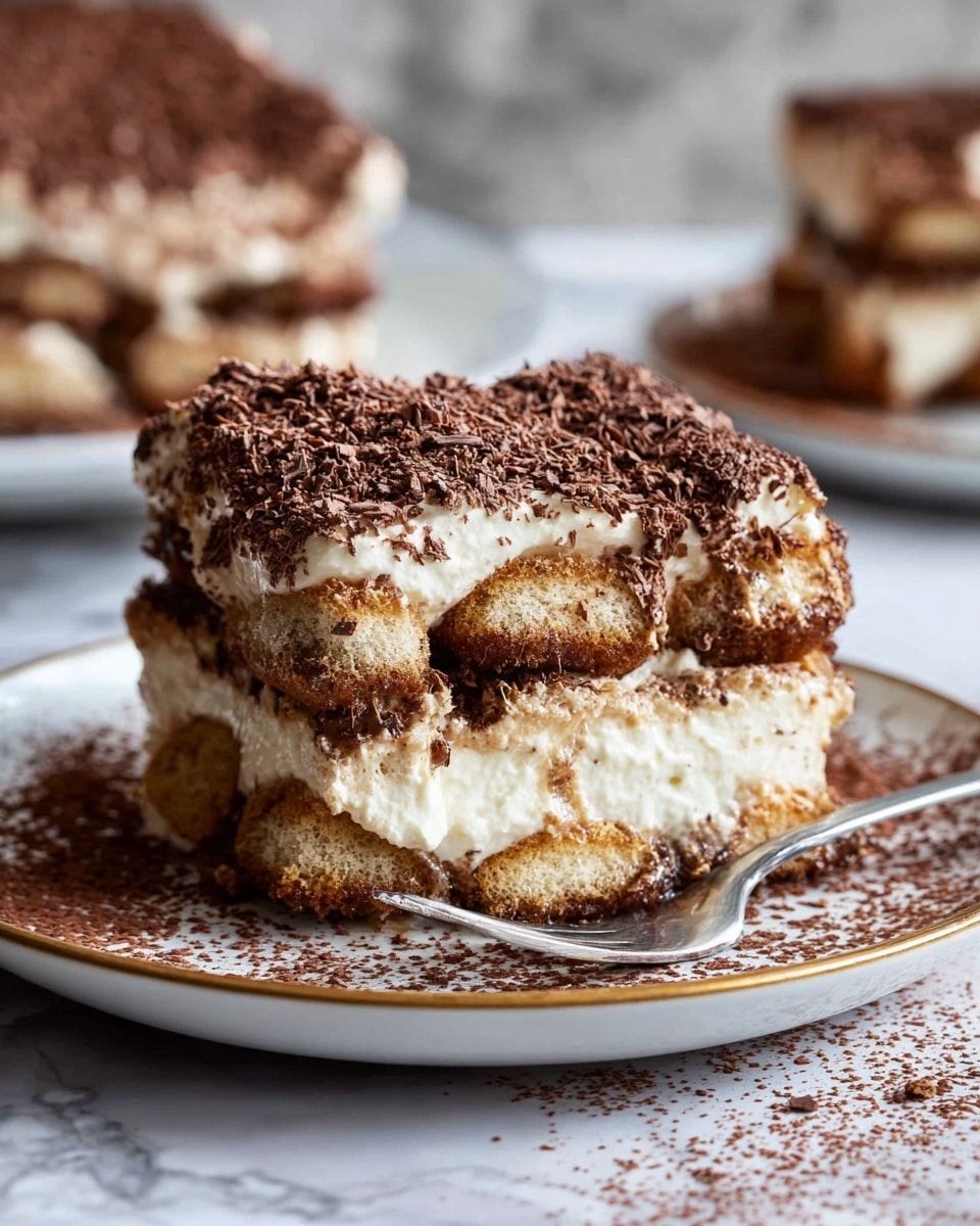 A slice of layered tiramisu dessert sits on a white plate with a gold rim, showing at least four visible layers: a bottom layer of soft, soaked ladyfinger biscuits with a light brown color, a thick creamy white mascarpone layer above it, followed by another layer of soaked ladyfingers soaked in coffee giving a dark brown shade, topped with another thick white cream layer, and finished with a generous dusting of finely grated dark chocolate shavings covering the top. The texture looks soft and moist, with some crumbs and cocoa powder scattered on the plate, and a silver fork resting on the side. The background is a white marbled texture with a blurred second piece of the dessert in the distance. Photo taken with an iphone --ar 4:5 --v 7