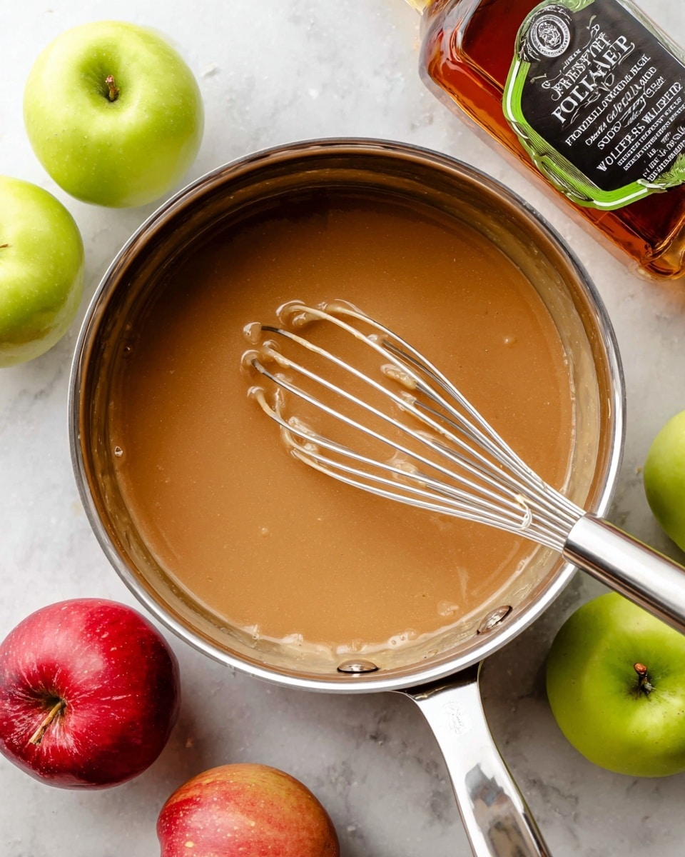 A close-up view of thick, smooth caramel sauce dripping from a silver spoon into a clear glass jar with a metal clasp; the caramel is a rich golden brown color and has a glossy texture, filling the jar to the top. In the background, there is a blurred red and yellow apple and a blurred package with bright colors, all set on a white marbled surface. Photo taken with an iphone --ar 4:5 --v 7