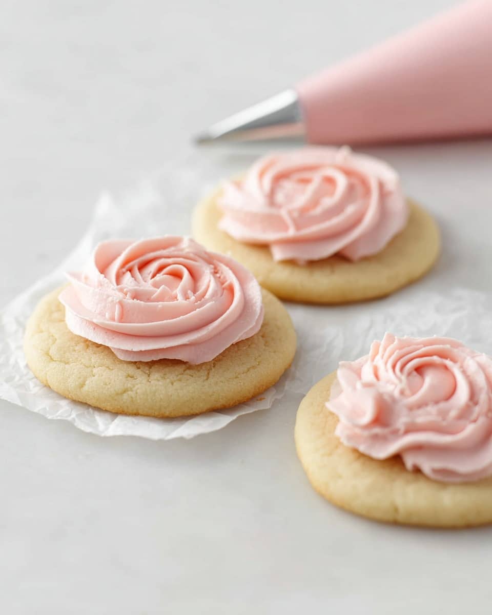 Three round cookies lie on a white marbled surface, two topped with a swirl of light pink, soft, creamy frosting. The cookies are pale golden brown with a smooth texture, and the frosting is piped in a rosette shape sitting on top of each cookie. One cookie without frosting rests partially on a small piece of crumpled white baking paper. In the background, a piping bag with light pink frosting is slightly out of focus, angled to the right. photo taken with an iphone --ar 4:5 --v 7