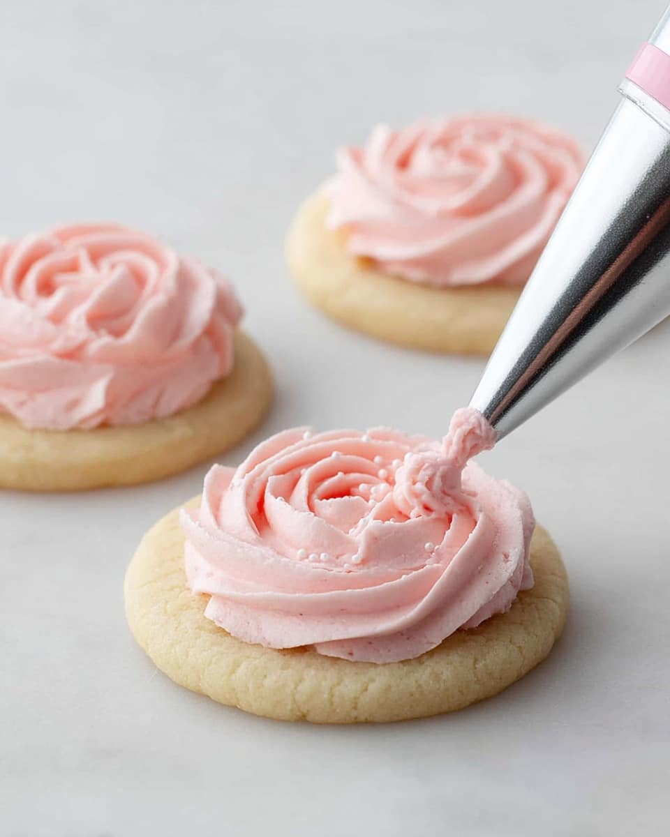 Three round sugar cookies sit on a white marbled surface, each topped with one layer of light pink, soft, swirled frosting. In the foreground, a close-up shows a piping bag with silver tip squeezing out fresh frosting, adding height and delicate texture to the swirls on the cookie. The cookies are pale golden with a smooth surface, and the frosting is fluffy with small air bubbles visible. Photo taken with an iphone --ar 4:5 --v 7