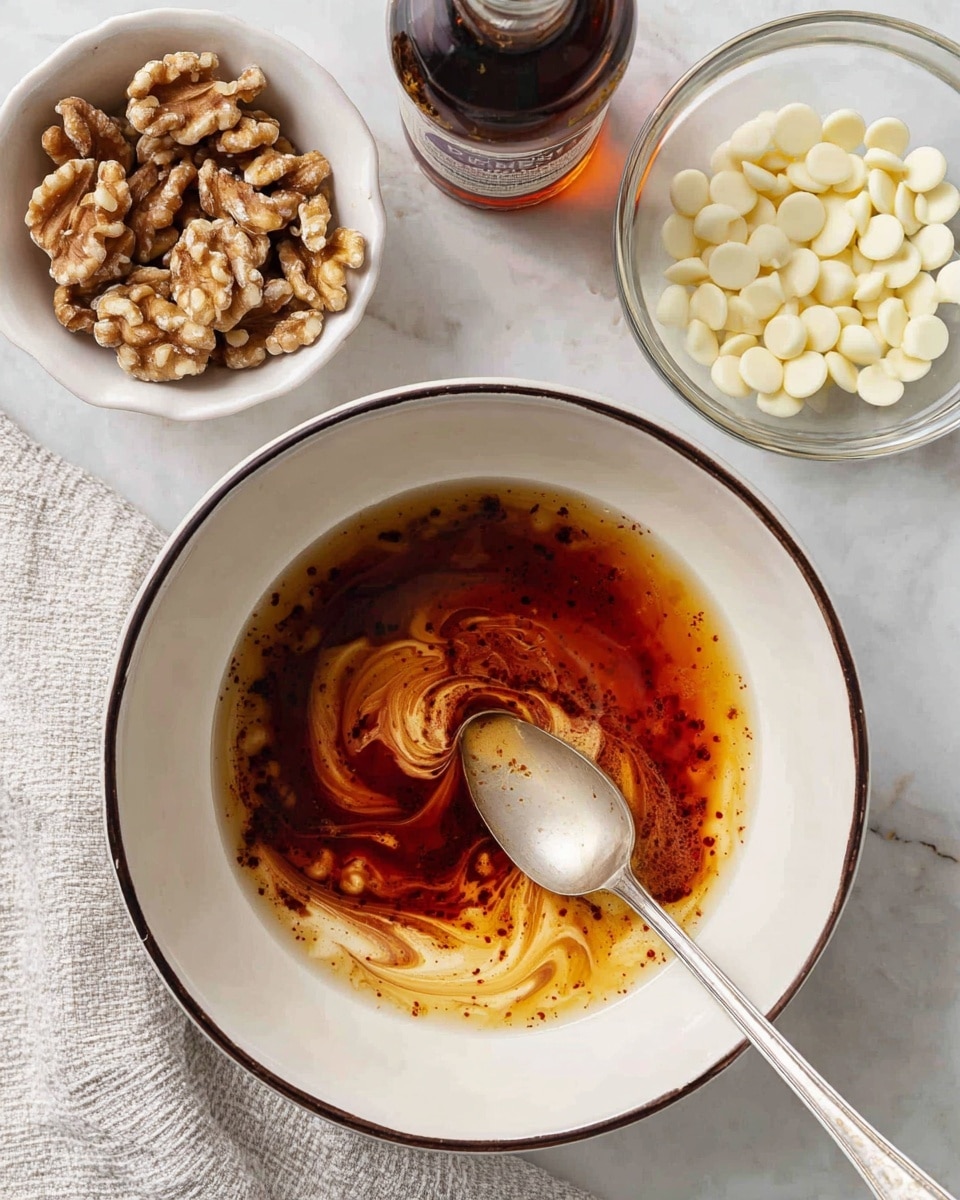 A white bowl with a dark rim contains melted butter swirling with a reddish-brown liquid, creating marbled patterns on the surface. A silver spoon rests inside the bowl, holding some of the mixed liquid. To the top left of the bowl, there is a white bowl filled with shelled walnuts showing their rough, textured surface. Near it, a bottle of vanilla extract stands, mostly full with a dark amber color. To the top right, a clear glass bowl holds many white chocolate chips, smooth and round. The items are placed on a white marbled surface, and a light gray textured cloth peeks from under the bowl. Photo taken with an iphone --ar 4:5 --v 7