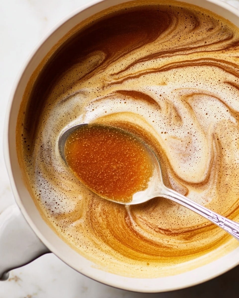 A close-up view of a white pot showing a mixture of golden brown liquid with lighter creamy foam swirled on top, creating a marble-like pattern. A silver spoon is held above the pot, coated with the same warm brown liquid. The pot's edges have a gentle rim and it sits on a white marbled surface. photo taken with an iphone --ar 4:5 --v 7