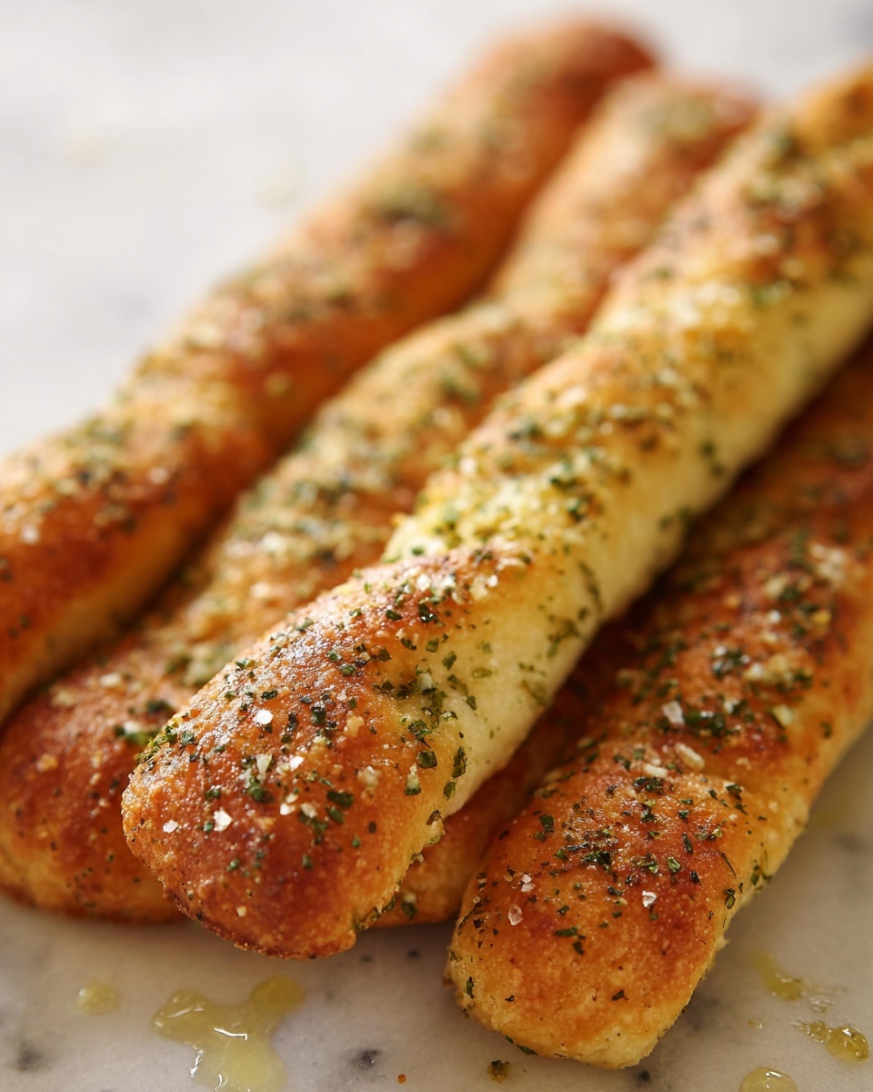 The image shows four golden-brown breadsticks lying close together on a white marbled surface. Each breadstick is evenly coated with a texture of small green herb flakes and grains of salt, giving a slightly rough and seasoned appearance. The breadsticks have a lightly shiny and crisp crust, with the color transitioning from a deeper golden on top to a pale beige underneath. The close-up angle highlights the soft bread texture inside and the fine herb details on the outside. Small droplets of oil or butter can be seen around the breadsticks, adding to the glossy look. The background is softly blurred, keeping focus on the breadsticks. photo taken with an iphone --ar 4:5 --v 7