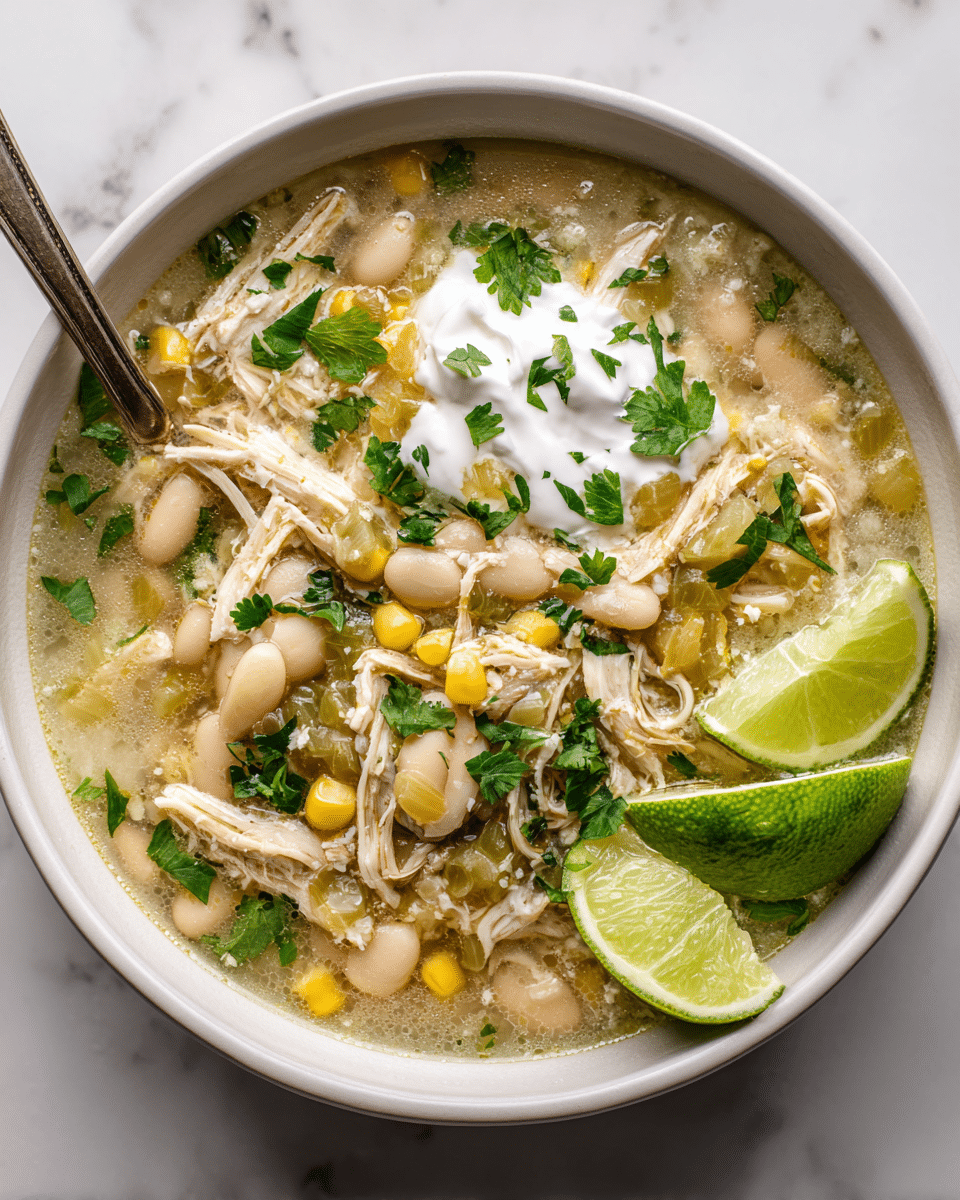 A bowl filled with a layered chicken soup, starting with a light broth base visible underneath, followed by shredded pieces of white chicken meat scattered throughout. On top, there are pale white beans, small yellow corn kernels, and translucent diced onions mixed with green pepper chunks. Fresh green cilantro leaves are spread across the surface, with a dollop of white sour cream placed near the edge. Two bright green lime wedges rest on the side of the white bowl, which is set on a white marbled textured surface. A spoon is partially submerged in the soup, ready to scoop, photo taken with an iphone --ar 4:5 --v 7