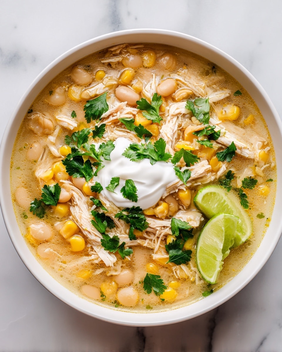 A bowl filled with a layered chicken soup showing shredded white chicken pieces on top mixed with yellow corn kernels, beige beans, and chopped green celery and onion, all floating in a light yellowish broth; fresh green cilantro leaves are sprinkled over the soup, with a dollop of white sour cream placed near the center and two lime wedges resting at the side of the white bowl; the bowl is placed on a white marbled surface. photo taken with an iphone --ar 4:5 --v 7