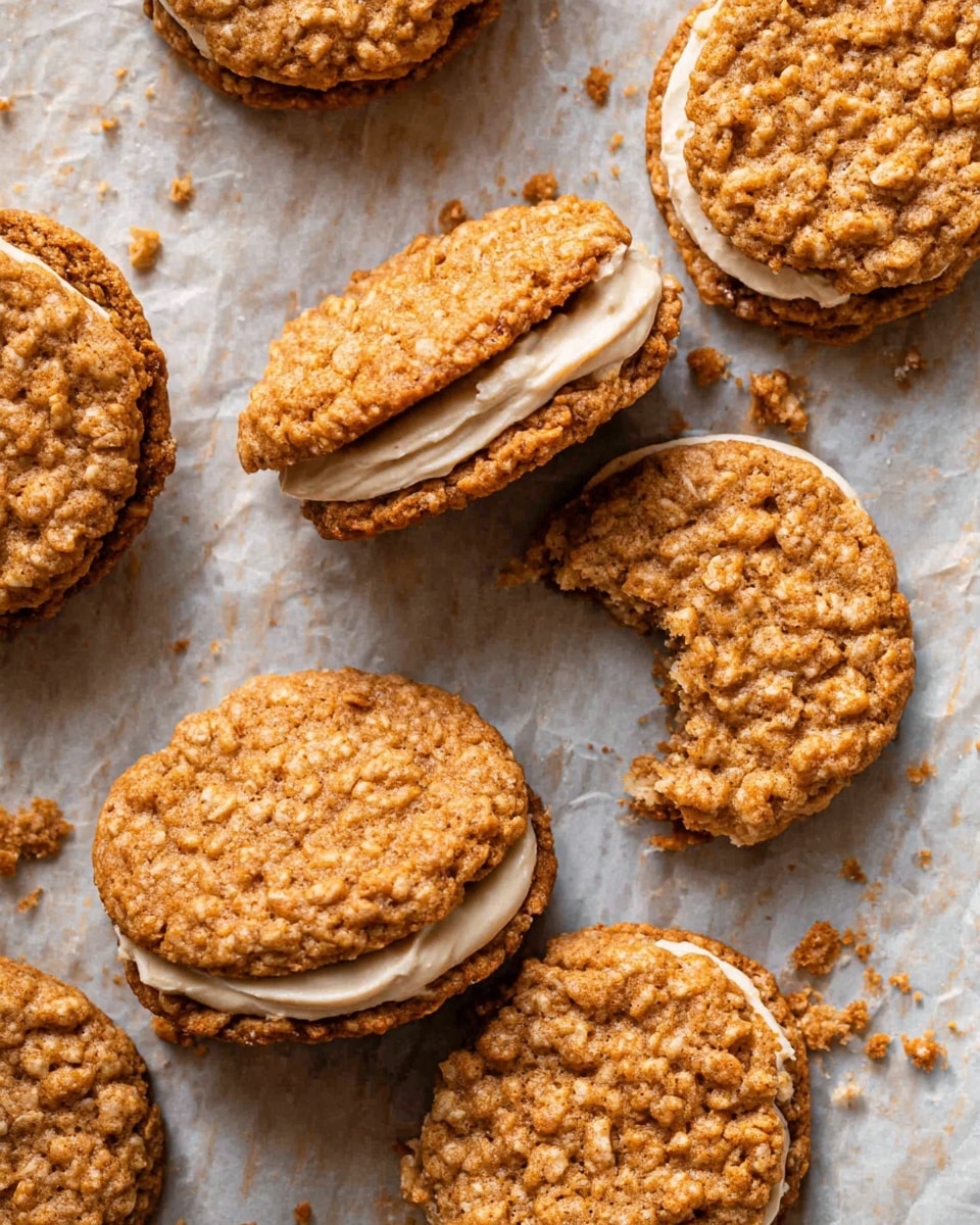 The image shows several oatmeal cookie sandwiches arranged on light parchment paper over a white marbled surface. Each sandwich has two thick, golden brown oatmeal cookies with a rough, textured surface that shows visible oats, and a smooth, creamy beige filling layer in between. The cookies have uneven slightly crispy edges and soft interiors, with one sandwich showing a bite taken out, exposing the creamy filling layer inside. Crumbs are scattered lightly on the parchment around the cookies, adding a casual homemade feel. photo taken with an iphone --ar 4:5 --v 7