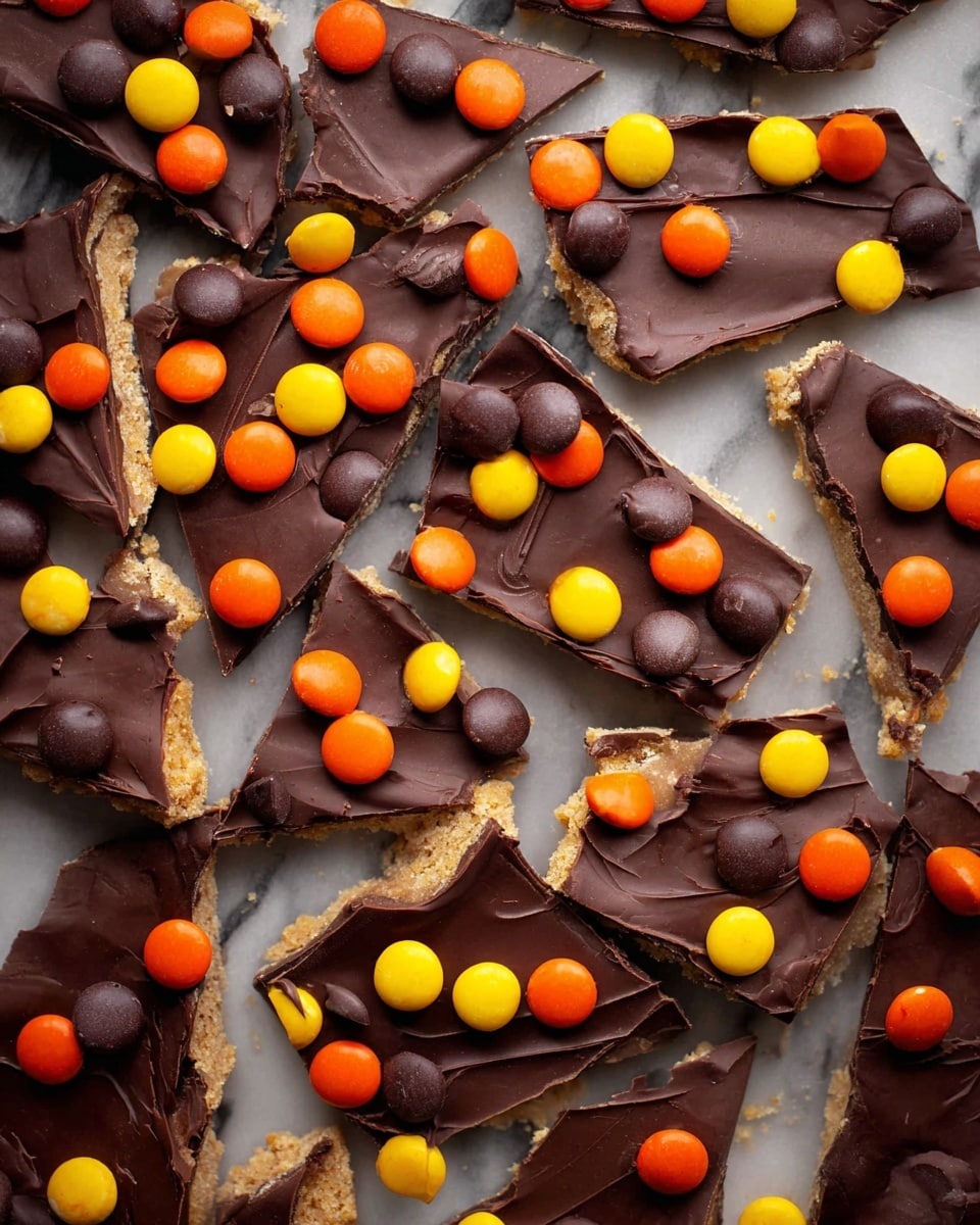 The image shows many pieces of a chocolate candy bark broken into uneven squares and scattered on a white marbled surface. Each piece has two clear layers: the bottom layer is light brown and crumbly, which looks like a cookie or peanut butter base, and the top layer is shiny dark brown chocolate spread smoothly over it. On top of the chocolate layer, there are small, round candy-coated chocolates in bright colors of orange, yellow, and dark brown, placed randomly and covering most of the chocolate surface. photo taken with an iphone --ar 4:5 --v 7