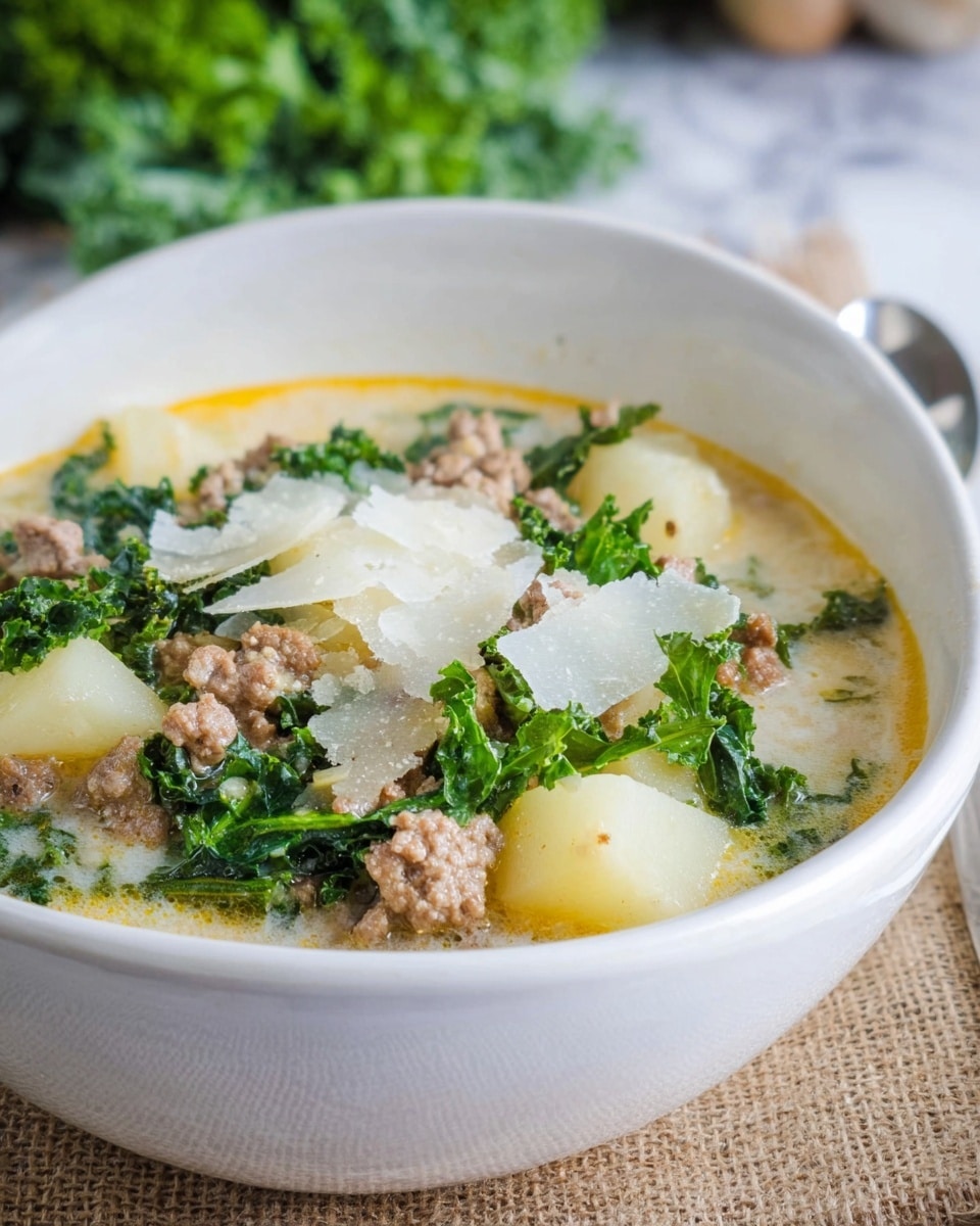 A white bowl with a subtle blue stitched pattern holds a creamy soup with visible layers. The bottom layer is smooth and light yellow with hints of orange oil floating on the surface. On top of this creamy base are chunks of white potatoes and small bits of cooked brown ground meat. Bright green kale leaves add a fresh, leafy texture scattered throughout the soup. There are also thin, off-white shavings of cheese placed on top. A silver spoon lifts a bite showing all layers together, with the potato chunk, kale, and meat clearly visible against the creamy broth. The bowl is set on a white marbled textured surface. photo taken with an iphone --ar 4:5 --v 7