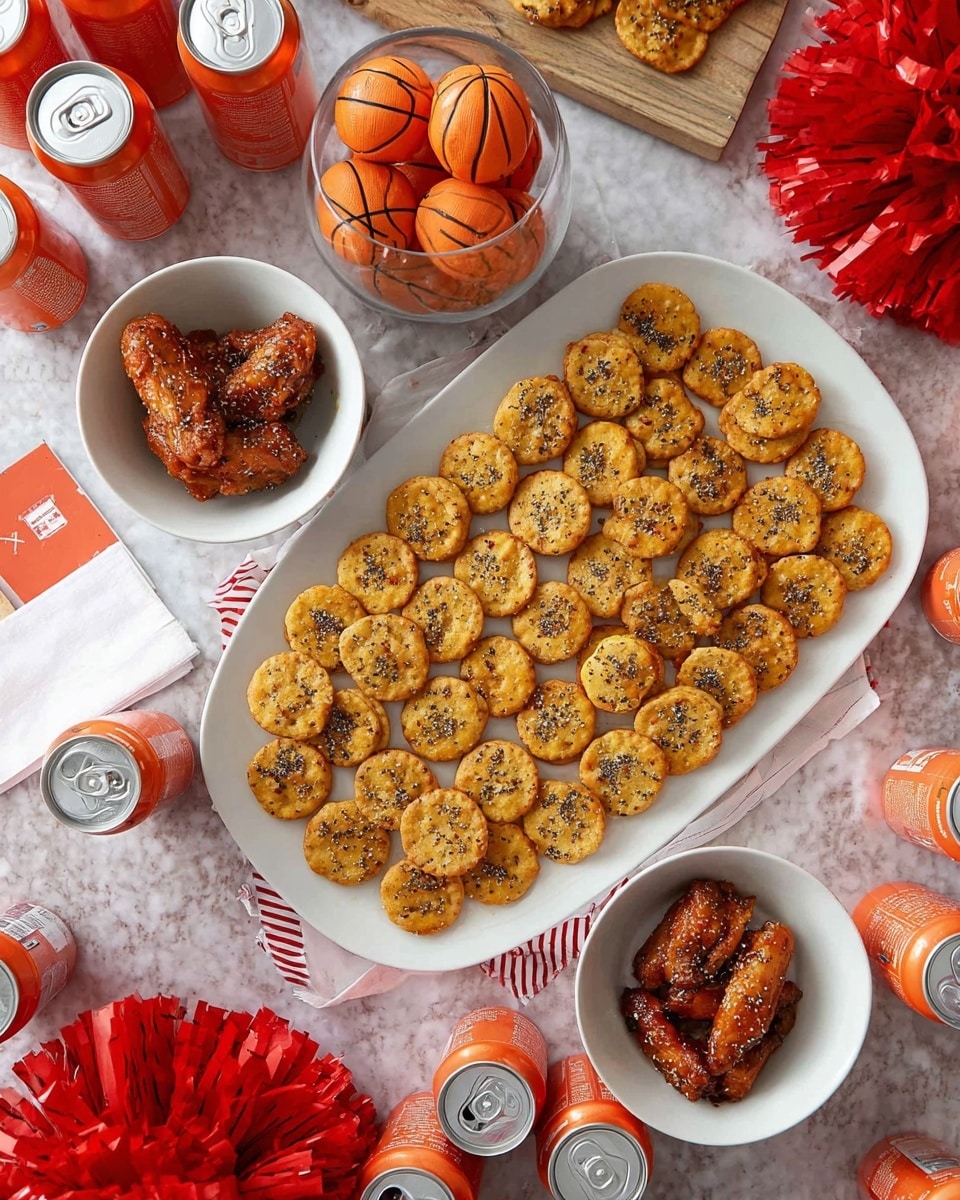 The image shows a large white oval plate filled with two layers of small golden round crackers, each topped with a sprinkle of black pepper, arranged neatly in rows. On the table, there are two white bowls placed diagonally, each filled with crispy brown chicken wings sprinkled with sesame seeds. In the center, there's a clear glass vase holding several small orange basketball-shaped balls, set on top of a red and white striped napkin. Around the plate and bowls, multiple orange soda cans are arranged, some grouped at the bottom of the frame. The entire setting is placed on a white marbled textured surface with red cheerleader pom-poms and white paper sheets scattered around for decoration. photo taken with an iphone --ar 4:5 --v 7