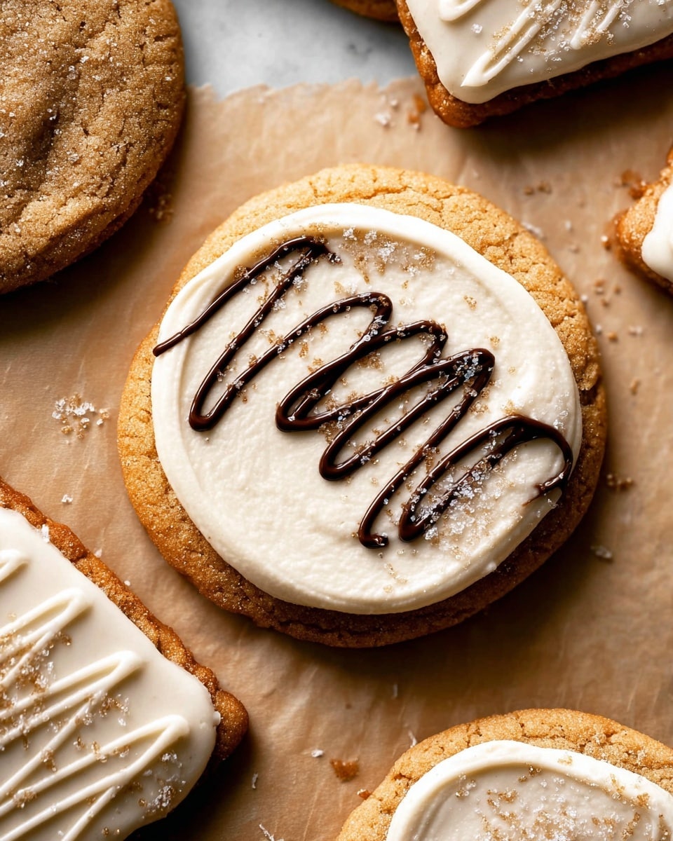 The image shows a close-up of a round, golden brown cookie with a single thick layer of creamy white frosting spread smoothly on top. On the frosting, there is a zigzag drizzle of dark chocolate that adds contrast, and the entire cookie is lightly dusted with fine sparkling sugar, giving it a slightly shiny look. Around the main cookie, there are parts of other cookies, some rectangular with white frosting piped in neat lines and sprinkled with coarse sugar crystals. The cookies rest on a light brown parchment paper over a white marbled surface. photo taken with an iphone --ar 4:5 --v 7