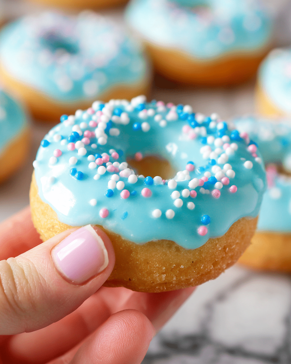 A close-up of a small round donut held by a woman's hand shows three layers: the bottom layer is a light golden brown dough with a slightly rough texture, the middle layer is a light blue smooth icing that spreads evenly on top and drips slightly over the edge, and the top layer is decorated with small round sprinkles in white, blue, and pink colors scattered across the icing. In the background, more identical donuts are softly blurred on a white marbled surface. photo taken with an iphone --ar 4:5 --v 7