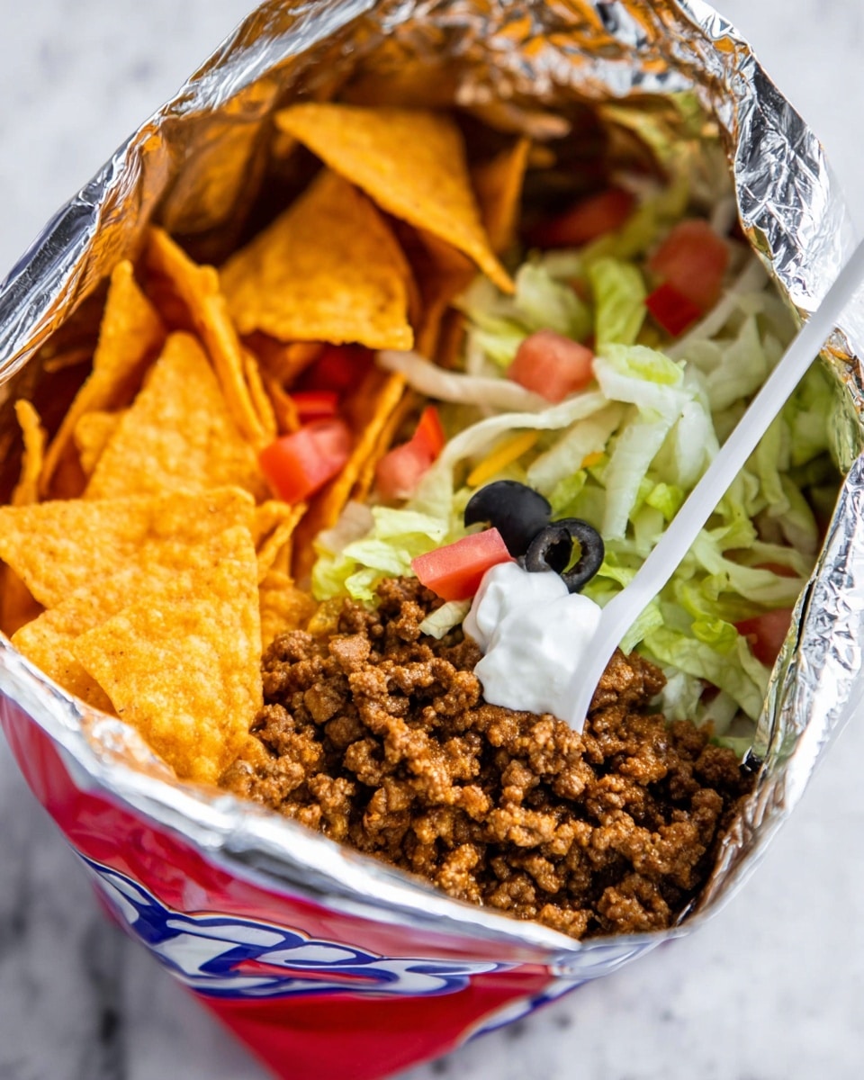 A woman's hand holds an open bag of chips filled with layers starting from the bottom with dark brown cooked ground beef, then a layer of thin, pale green shredded lettuce, topped with a dollop of white sour cream and small red tomato pieces. On one side inside the bag, there are yellowish crunchy chip pieces standing upright. A white fork is inserted on the right side of the bag. The background shows a white marbled texture with blurred bowls of chopped tomatoes, lettuce, and additional ground beef. Photo taken with an iphone --ar 4:5 --v 7