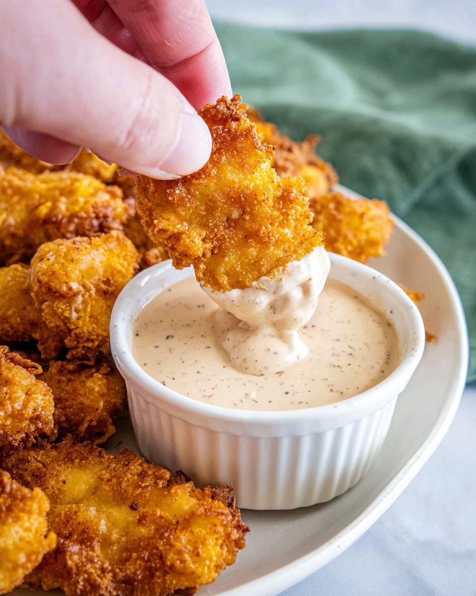 A close-up image showing a woman's hand holding a golden brown, crispy chicken tender being dipped into a small white bowl filled with creamy, light beige sauce speckled with black pepper. The bowl sits on a white plate with more golden fried chicken pieces around it. The background features a soft white marbled surface and a blurred green cloth. The textures highlight the crunchy coating of the chicken and the smooth, thick sauce. photo taken with an iphone --ar 4:5 --v 7