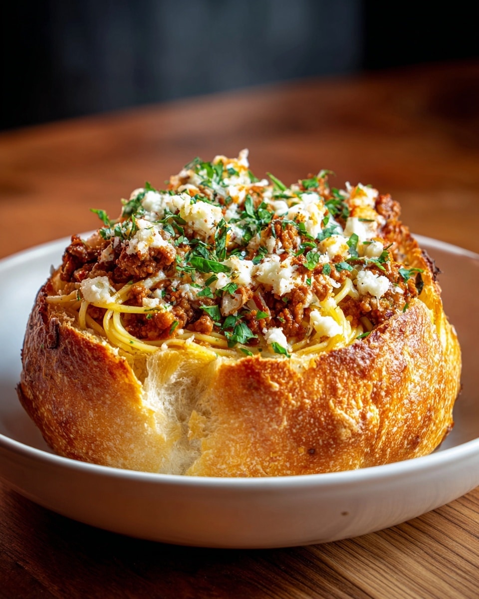 A white plate holds a round bread bowl that is cut open on one side, filled with spaghetti layered underneath a meaty red tomato sauce. The top layer of the bread bowl is covered with melted white cheese sprinkled with green herbs. The spaghetti is slightly coated in the same meaty sauce with bits of ground meat visible throughout. In the background on a stove, there is a white cast iron skillet with three golden brown baked bread rolls. The whole scene is set on a white marbled texture surface. photo taken with an iphone --ar 4:5 --v 7