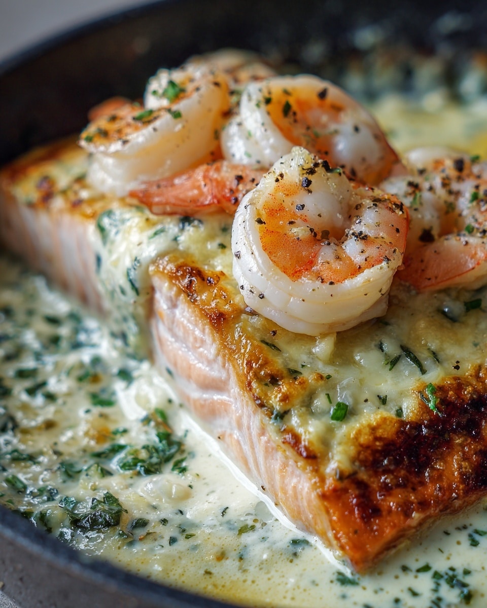 A close-up image of a cooked dish shows three layers. The bottom layer is creamy and white with green herb flecks and some brown caramelized spots along the edges. The middle layer is a fillet of pink-orange fish with a sprinkle of black pepper on top. The top layer consists of several small cooked shrimp that are light pinkish-white with a slight sear and specks of black pepper, resting on a white creamy sauce with herbs. The whole dish is presented inside a dark pan with a shiny cooked texture around the edges. photo taken with an iphone --ar 4:5 --v 7