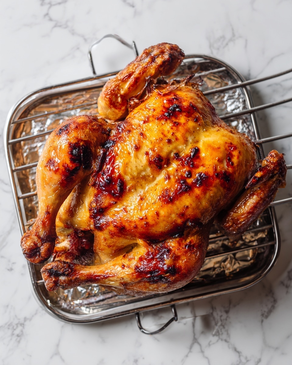 A whole roasted chicken is shown, laid flat on a silver metal grill rack with a foil-lined tray below. The chicken skin is golden brown and crispy, showing a well-cooked texture with slight charring on the edges of the wings and legs. The chicken’s legs are extended, and the wings are spread out to the sides, revealing a plump, juicy body. The background is a white marbled texture. Photo taken with an iphone --ar 4:5 --v 7