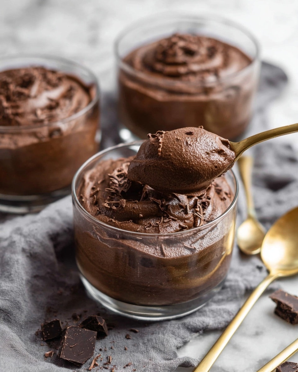 Three clear glass dessert cups are filled with smooth, dark brown chocolate mousse. Each mousse layer has a creamy, rich texture with subtle swirls on the surface and small chocolate shavings sprinkled on top. One dessert cup is centered in the foreground, with a gold spoon lifting a thick scoop of mousse, showing its dense texture. Two more mousse cups are slightly blurred in the background. The cups sit on a soft, grey cloth on a white marbled texture surface, with two gold spoons resting next to them and small broken pieces of chocolate scattered nearby. Photo taken with an iphone --ar 4:5 --v 7