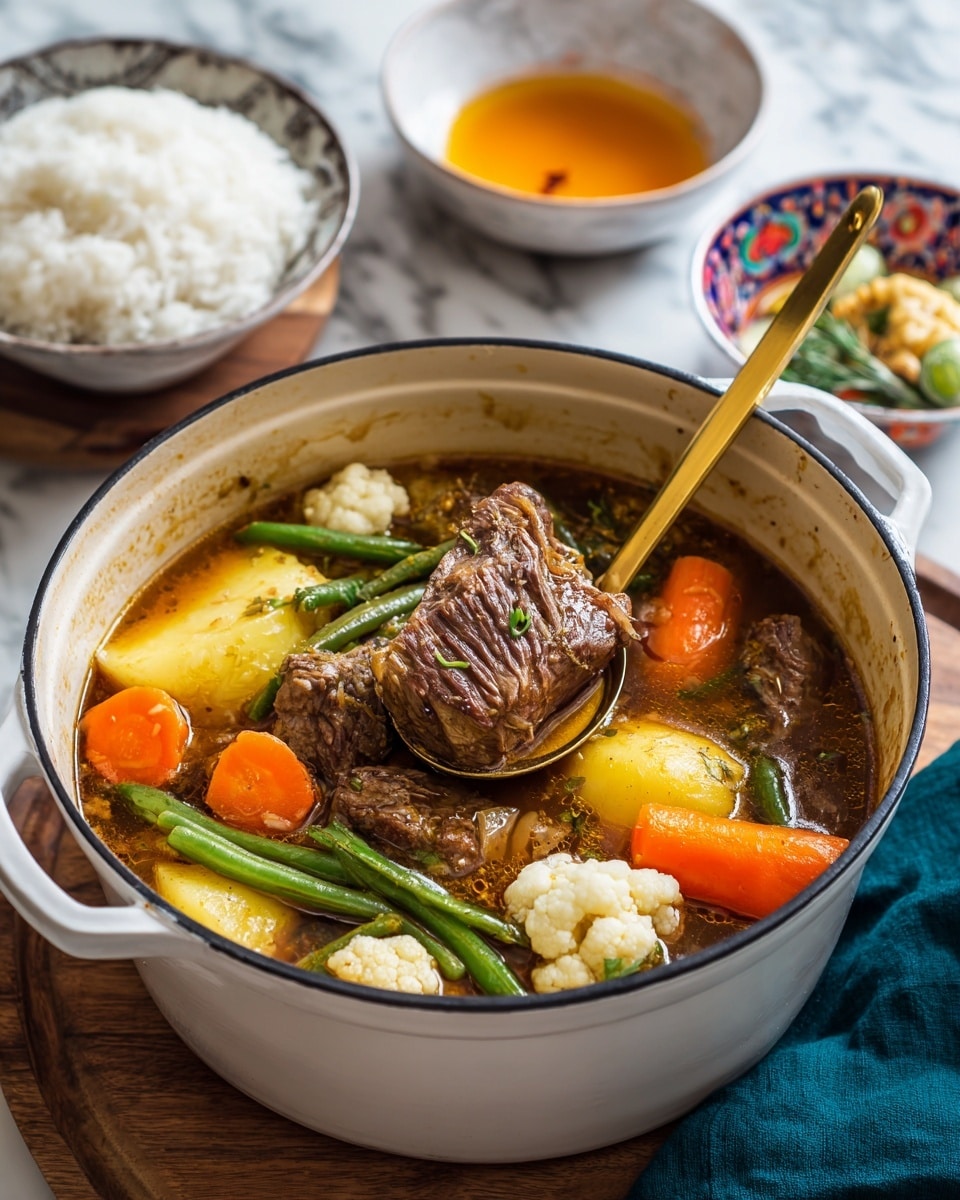 The image shows a white round pot filled with clear broth soup containing large chunks of brown beef, bright orange carrot pieces, and pale yellow potatoes along with green asparagus and white cabbage layers. A golden ladle is lifted, scooping a piece of beef over the soup, held by a woman's hand. Behind the pot, there is a white bowl full of the same soup and another empty white bowl stacked with a small bowl of plain white rice on the left side, all resting on a white marbled surface. A small round dish with red and green dipping sauce is placed in front, adding a splash of color. Photo taken with an iphone --ar 4:5 --v 7
