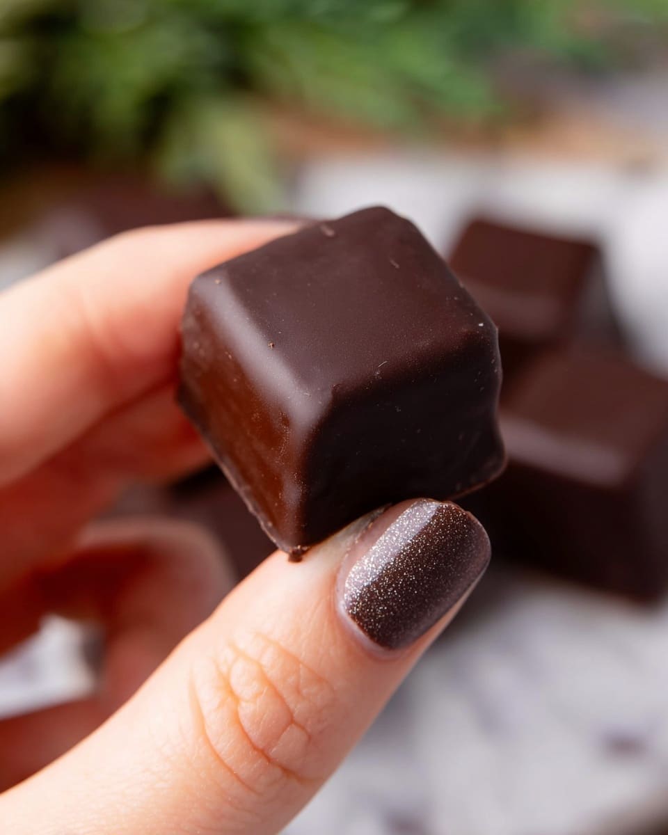 A close-up image shows a small cubic dark chocolate piece with smooth, glossy chocolate coating held delicately between the thumb and index finger of a woman's hand with shimmery dark nail polish, the chocolate has clean edges and a slight shine reflecting light, the background features blurred more chocolate pieces resting on a white marbled surface with a hint of green foliage in the far background, focusing on the rich, dark brown color and smooth texture of the chocolate cube. photo taken with an iphone --ar 4:5 --v 7