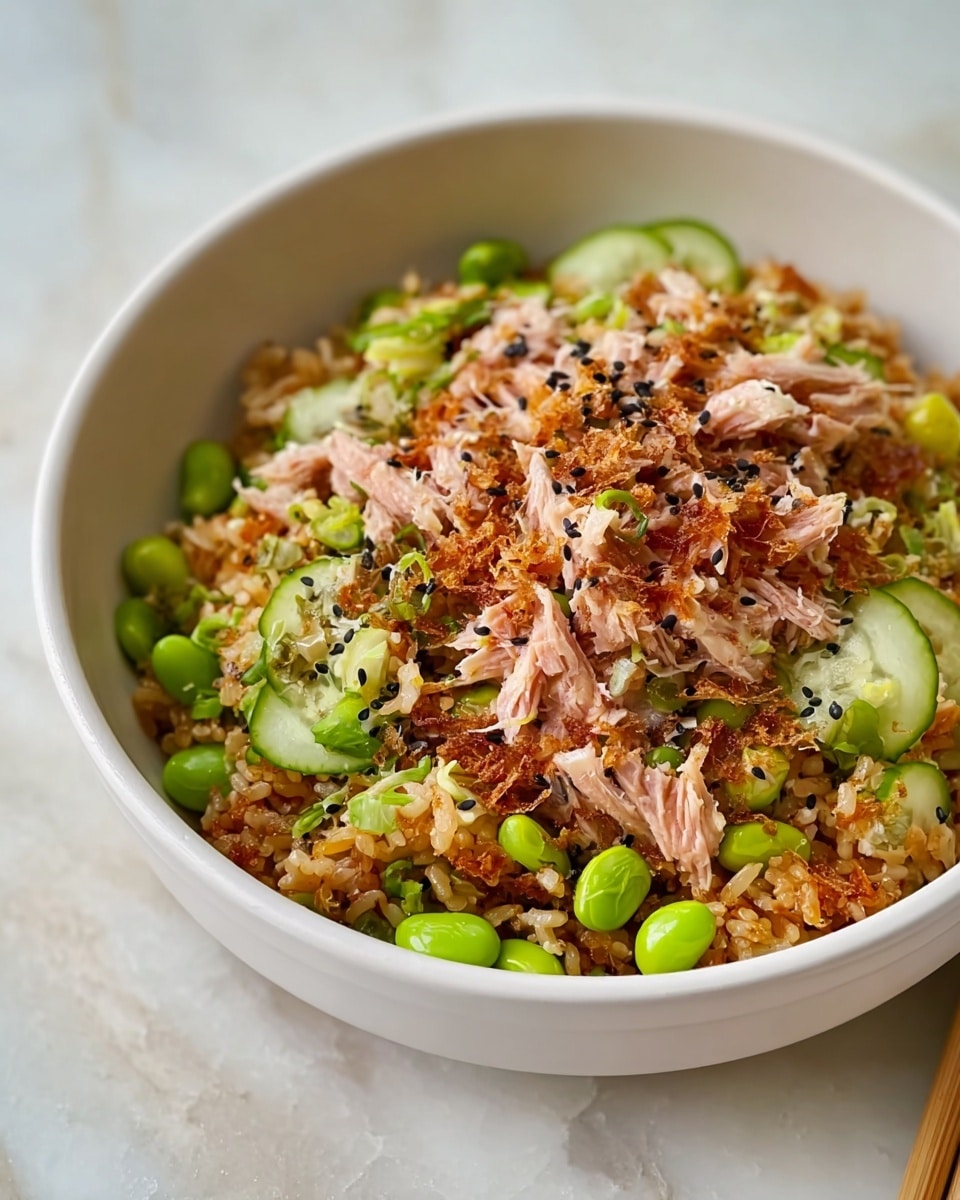 A white bowl filled with a mixed dish consisting of three main layers: the bottom layer is brown fried rice with a slightly crispy texture, scattered throughout with bright green edamame beans; above that are thinly sliced light green cucumber pieces adding freshness; the top layer is shredded light pink tuna with some darker browned crispy bits, sprinkled with small black sesame seeds. The bowl is placed on a white marbled surface. photo taken with an iphone --ar 4:5 --v 7