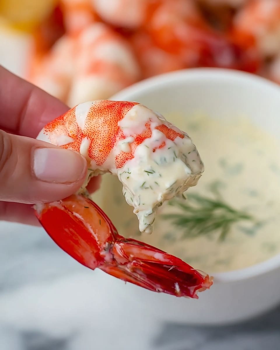A close-up image shows a peeled shrimp held by a woman's hand, with the bright red tail still attached. The shrimp is covered with a creamy white sauce speckled with small green herbs. In the background, there is a white bowl filled with the same herb sauce, resting on a white marbled surface. The image focuses sharply on the shrimp and sauce, while the background is softly blurred with hints of more shrimp. Photo taken with an iphone --ar 4:5 --v 7