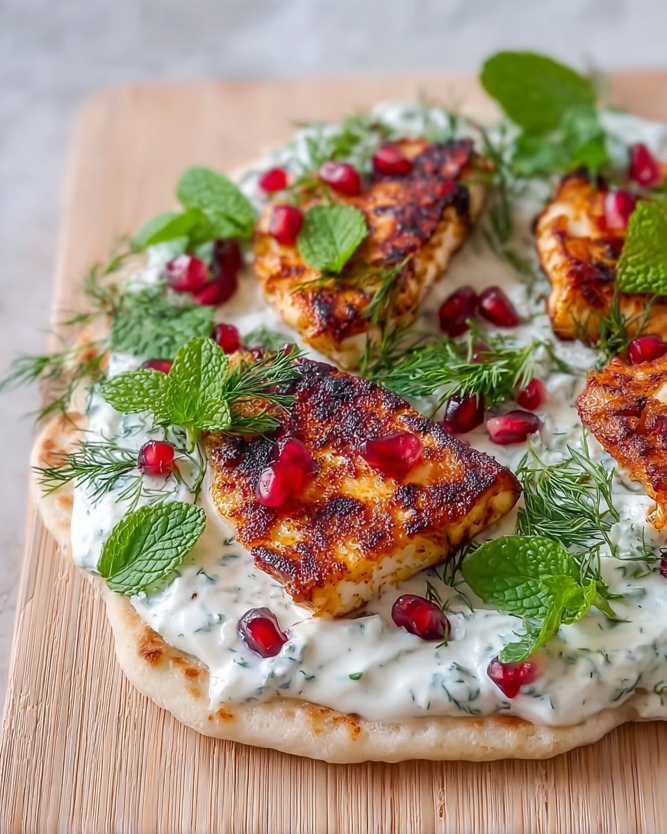 The image shows a flatbread topped with a thick layer of white yogurt sauce speckled with herbs. On top of the sauce are three pieces of golden-brown grilled halloumi cheese with char marks. Red pomegranate seeds are scattered over the cheese and sauce for a pop of color. Green fresh herbs, including mint leaves, dill sprigs, and flat-leaf parsley, are arranged around and on top of the halloumi, adding contrast and freshness. The flatbread rests on a light wood surface with a white marbled texture in the background. photo taken with an iphone --ar 4:5 --v 7