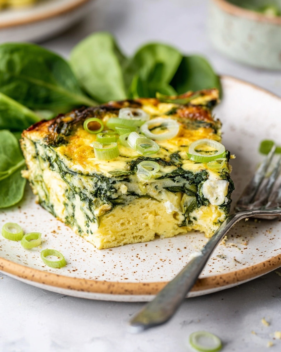 A close-up of a slice of spinach and cheese egg casserole on a white plate with a speckled light brown rim. The casserole has three visible layers: a golden brown top with melted cheese and thin slices of green onion, a middle layer full of chopped green spinach mixed with creamy, light yellow egg, and a firm yellow base with a slightly porous texture. A piece is cut out showing the soft, moist inside. Fresh green leaves are placed behind the casserole on the plate, adding vibrant color. A fork with a piece of the casserole rests on the plate. The surface under the plate has a white marbled texture. photo taken with an iphone --ar 4:5 --v 7