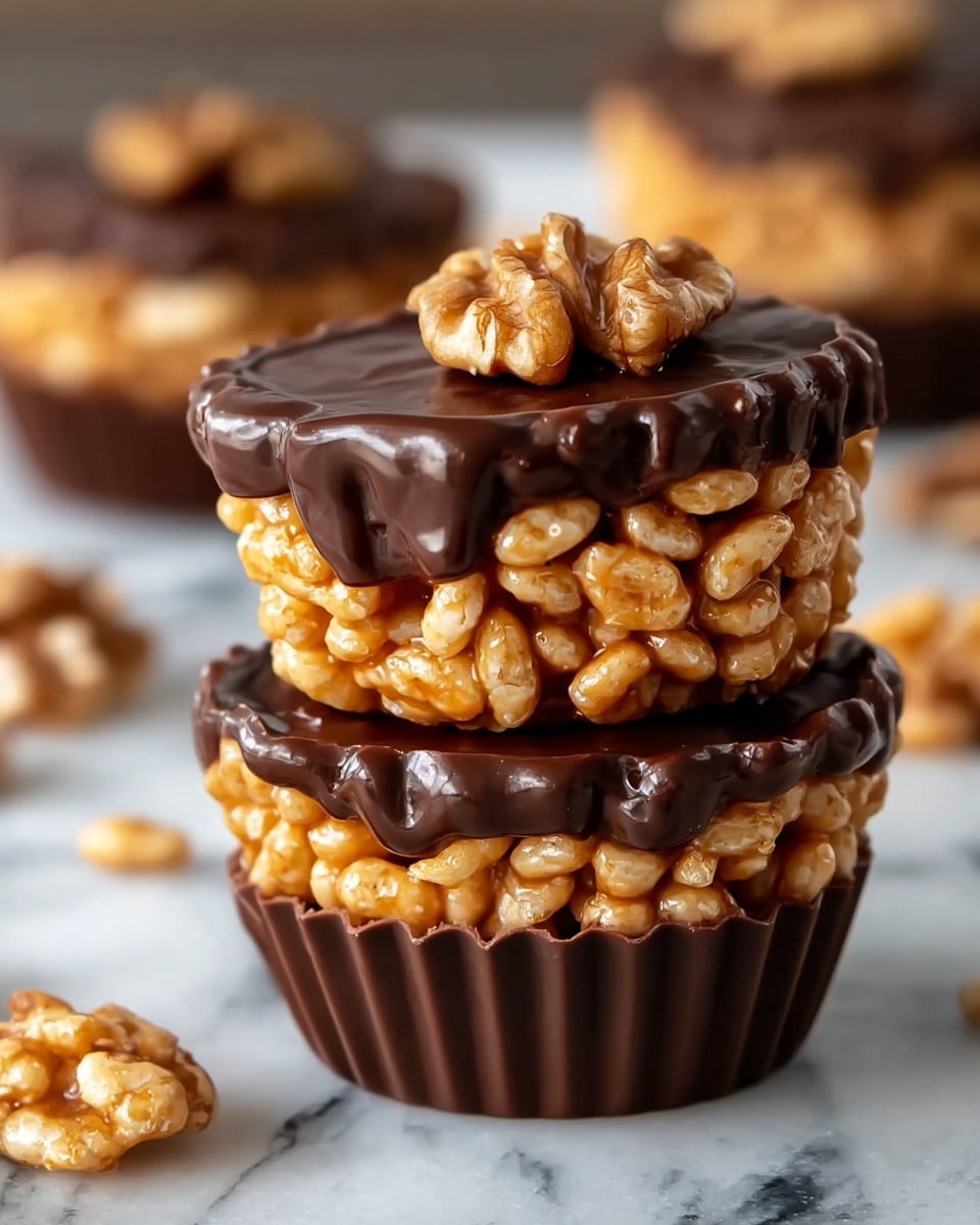 The image shows two stacked crispy rice treats in white chocolate cups, each with three clear light brown puffed rice layers held together by a glossy dark brown chocolate layer on top, and finished with a shiny dark chocolate swirl and a light brown walnut half placed in the center. There are two more similar treats blurred in the background on a white marbled surface with a few scattered walnuts around. The detailed texture of the crisped rice is visible, with the dark chocolate having a smooth, shiny surface. photo taken with an iphone --ar 4:5 --v 7