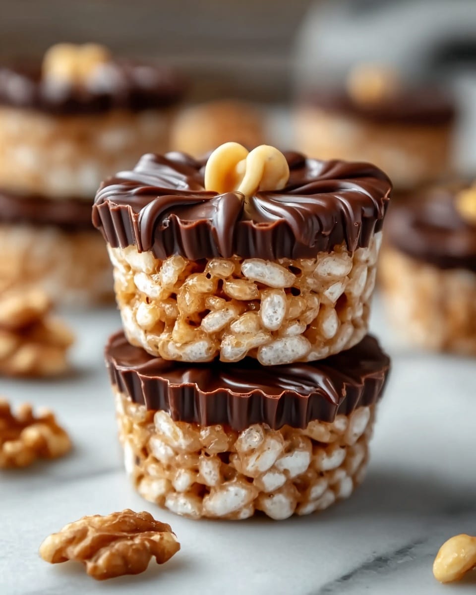 The image shows two stacked treats made of a bottom layer of dark brown, smooth chocolate molded into a fluted cup shape, followed by a thick middle layer of shiny, golden puffed rice cereal tightly packed together, topped with a slightly melted, glossy dark chocolate layer that drips lightly over the sides, and a single whole walnut placed on top of the upper treat. In the background, there are two more similar treats slightly out of focus on a white marbled surface with scattered puffed rice pieces around them. Photo taken with an iphone --ar 4:5 --v 7